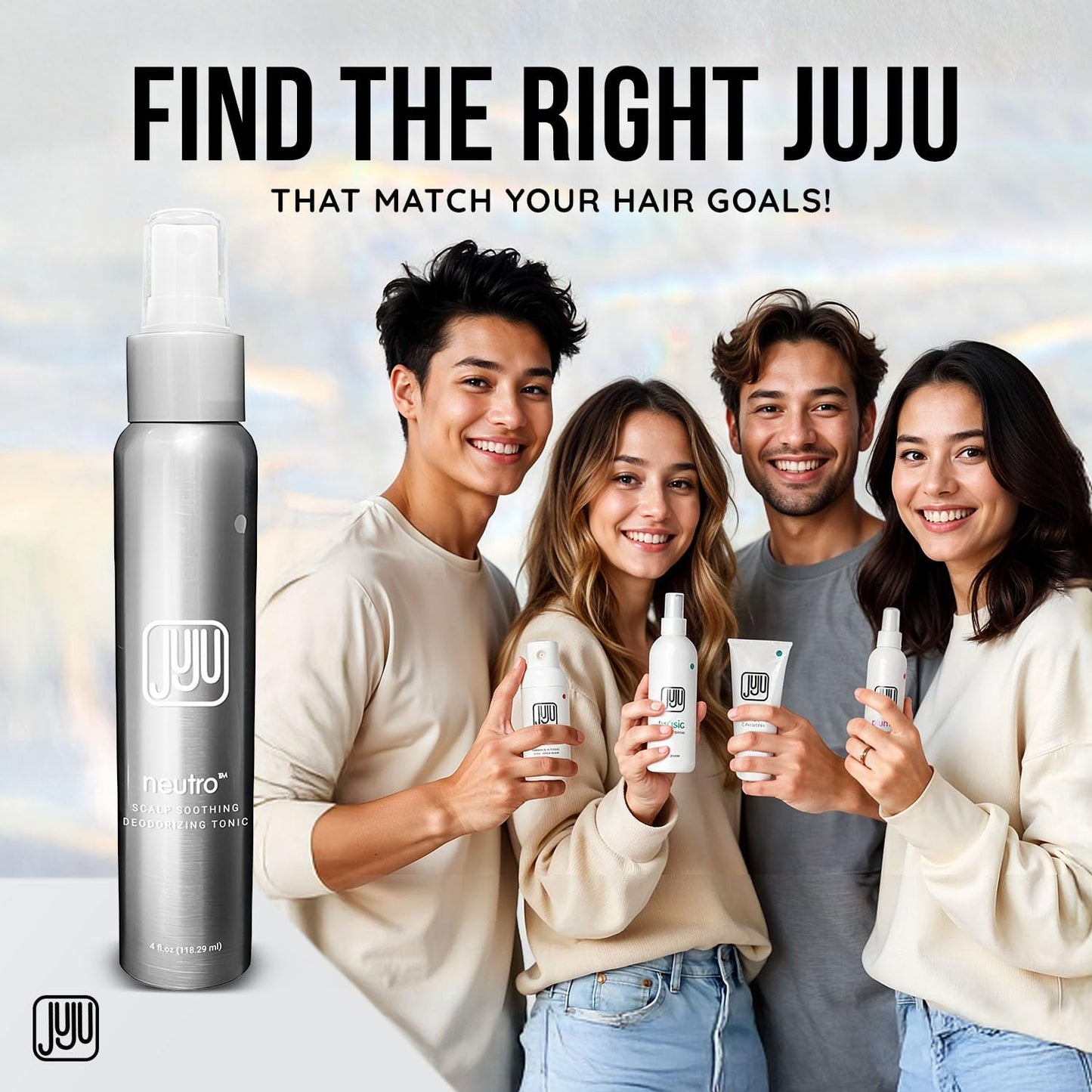 Authentic JUJU CHAN Neutro hair spray packaging highlighting paraben free and sulfate free formula