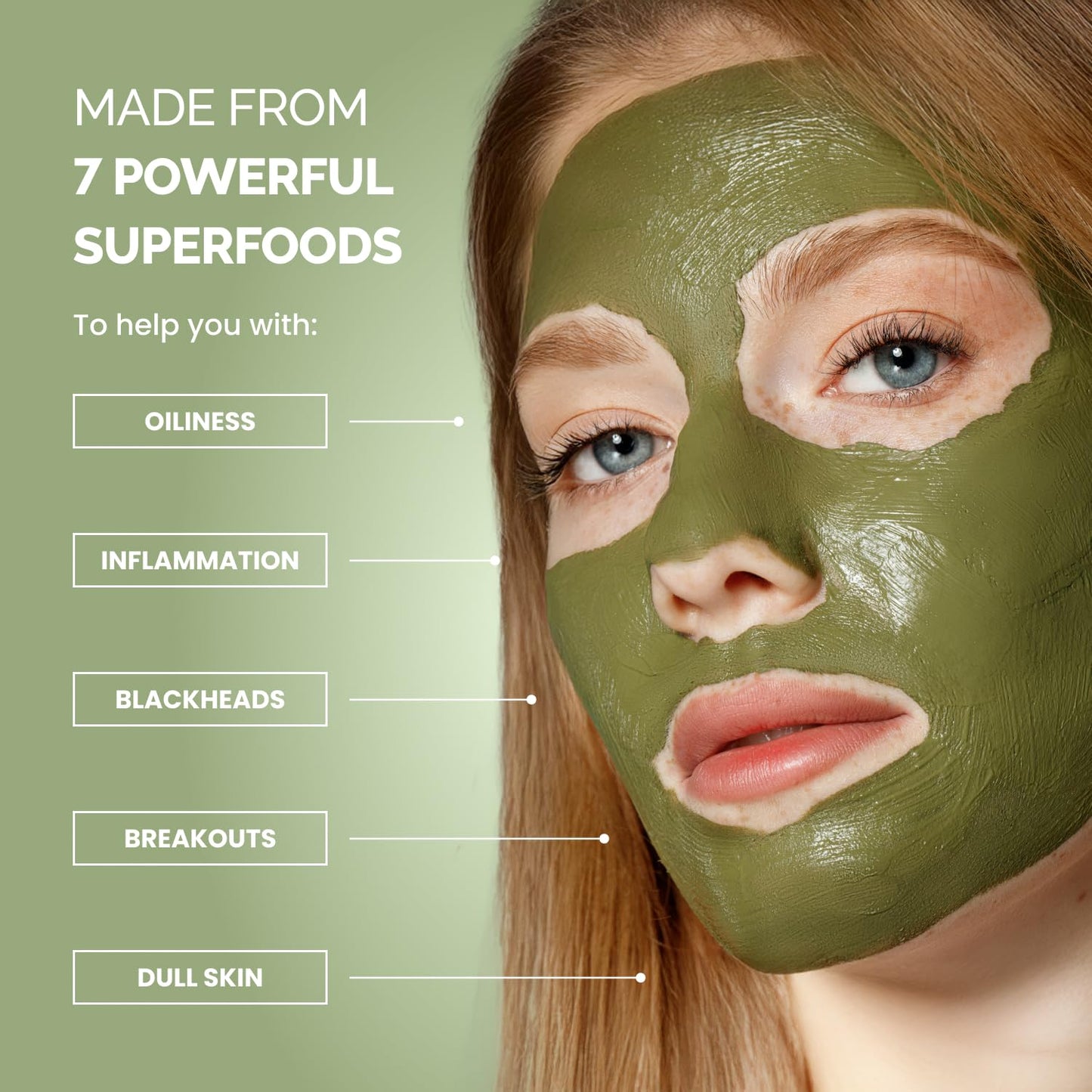 Dermatologist tested vegan clay mask packaging showcasing seven superfood ingredients