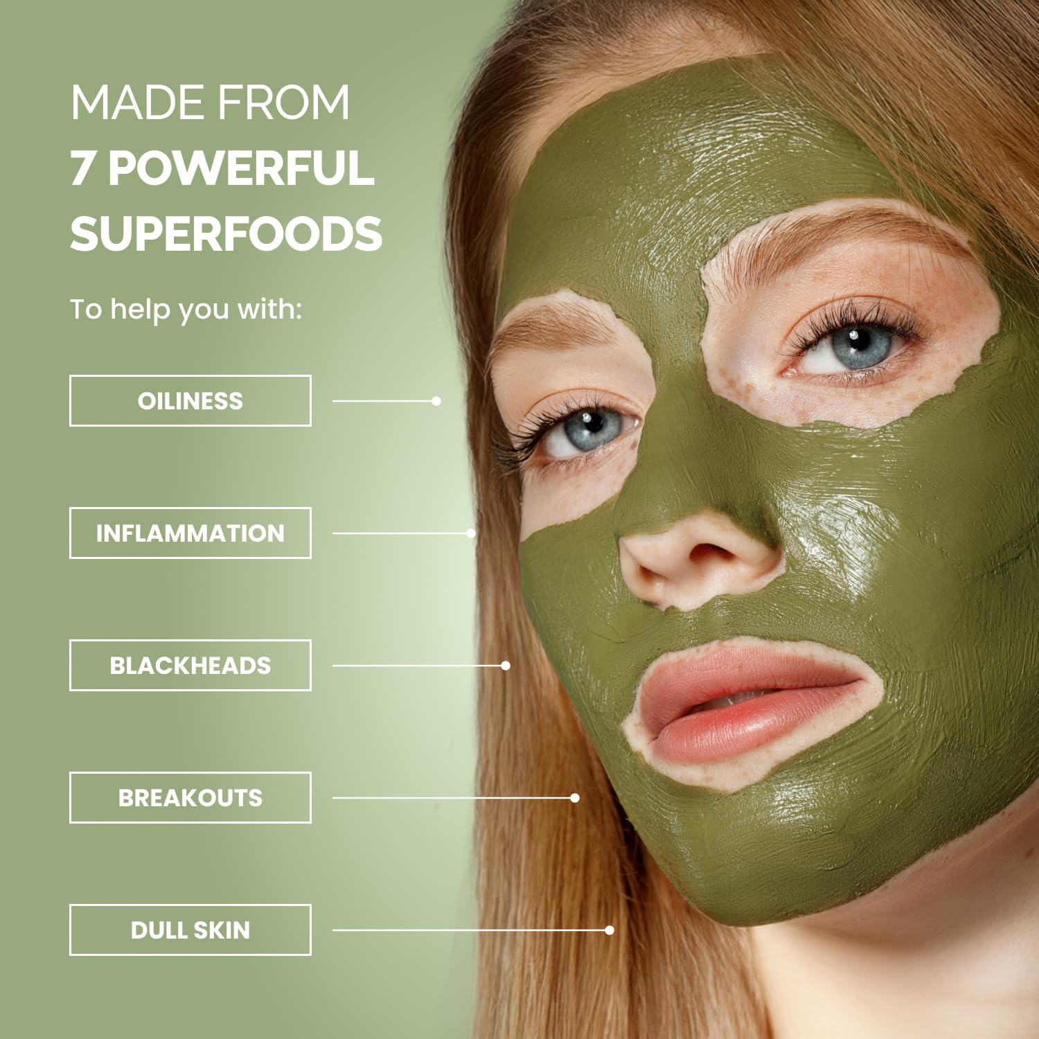 Dermatologist tested vegan clay mask packaging showcasing seven superfood ingredients