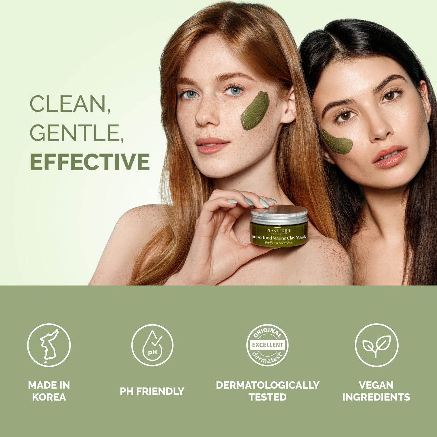 Natural superfood marine clay mask with spinach and spirulina for sensitive skin detox