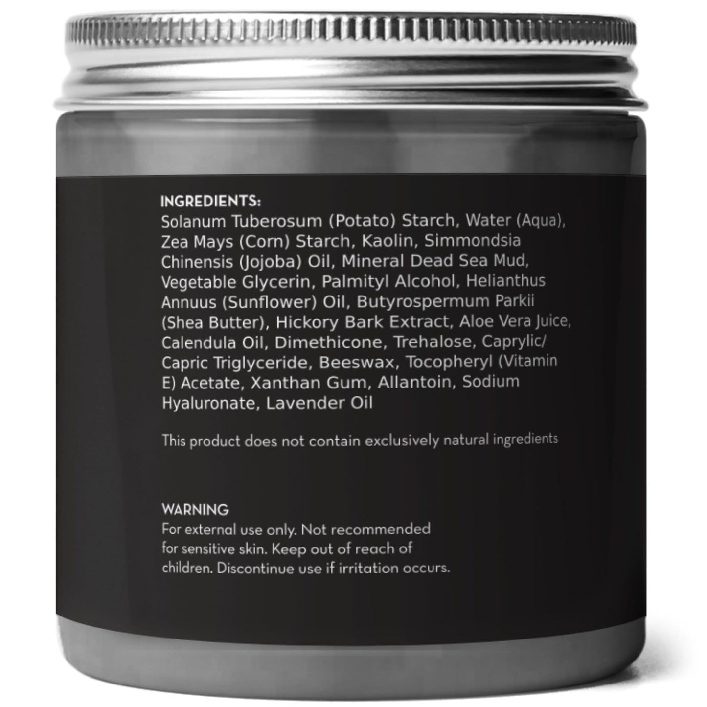 Natural dead sea mud mask application instruction label on back of jar.