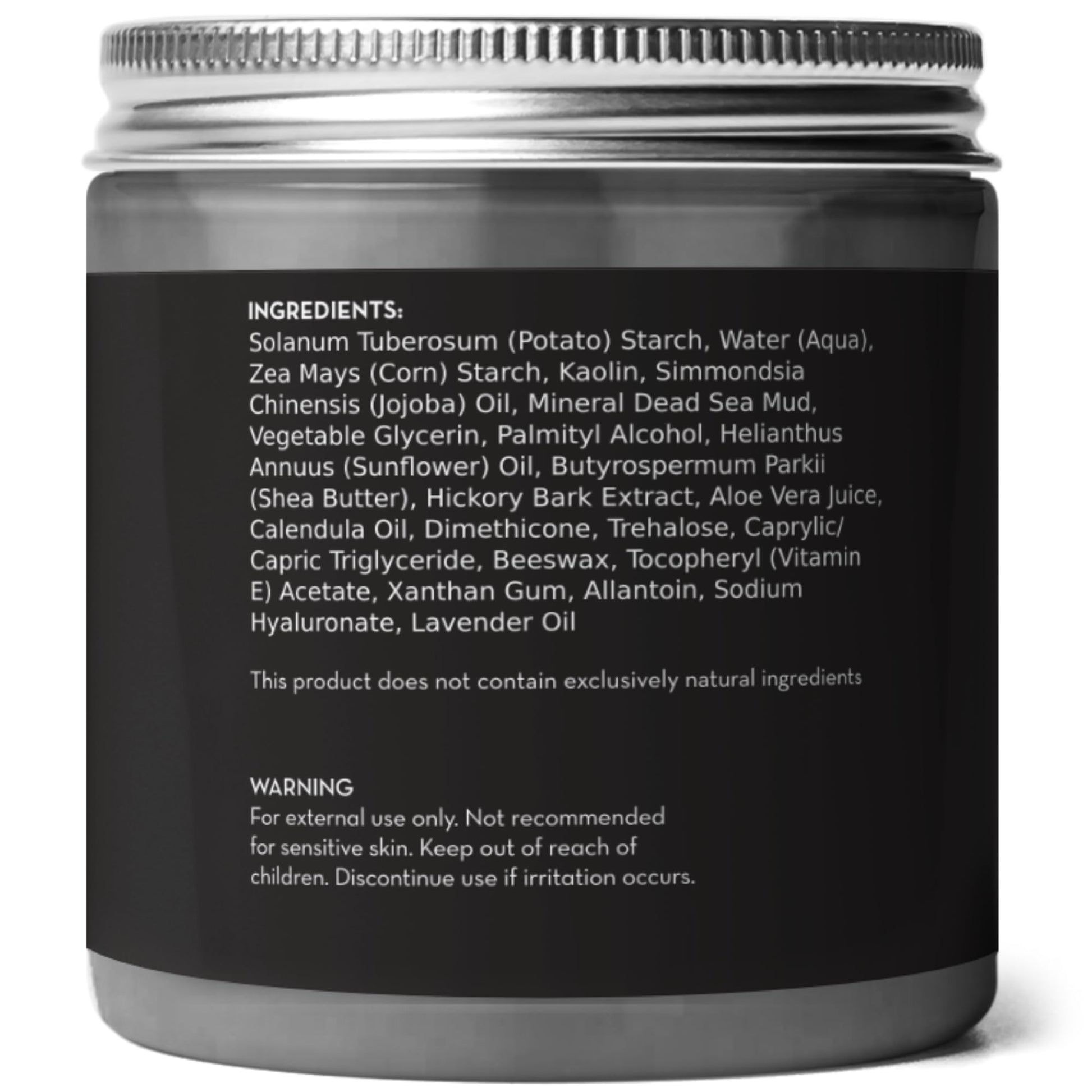 Natural dead sea mud mask application instruction label on back of jar.