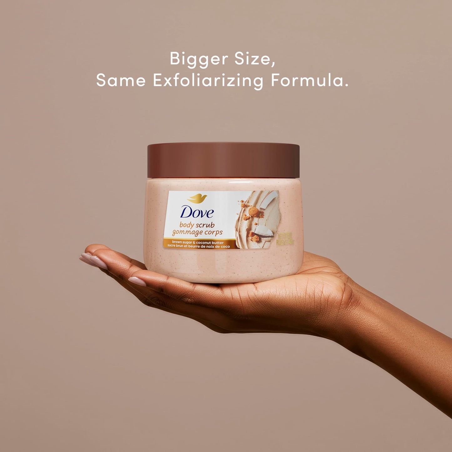 Back label of Dove Brown Sugar and Coconut Butter body exfoliator detailing usage instructions and safety information.