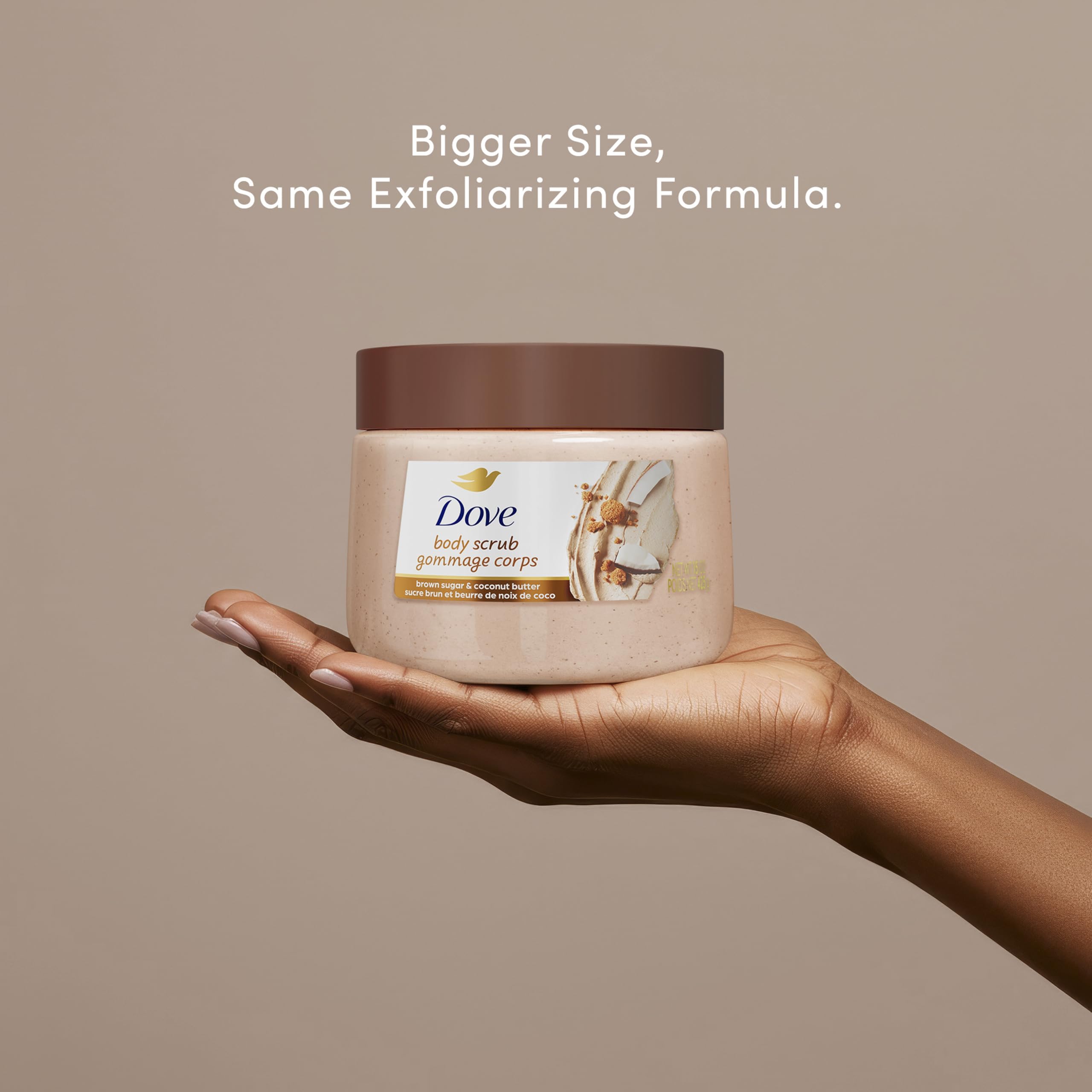 Back label of Dove Brown Sugar and Coconut Butter body exfoliator detailing usage instructions and safety information.