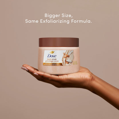 Back label of Dove Brown Sugar and Coconut Butter body exfoliator detailing usage instructions and safety information.
