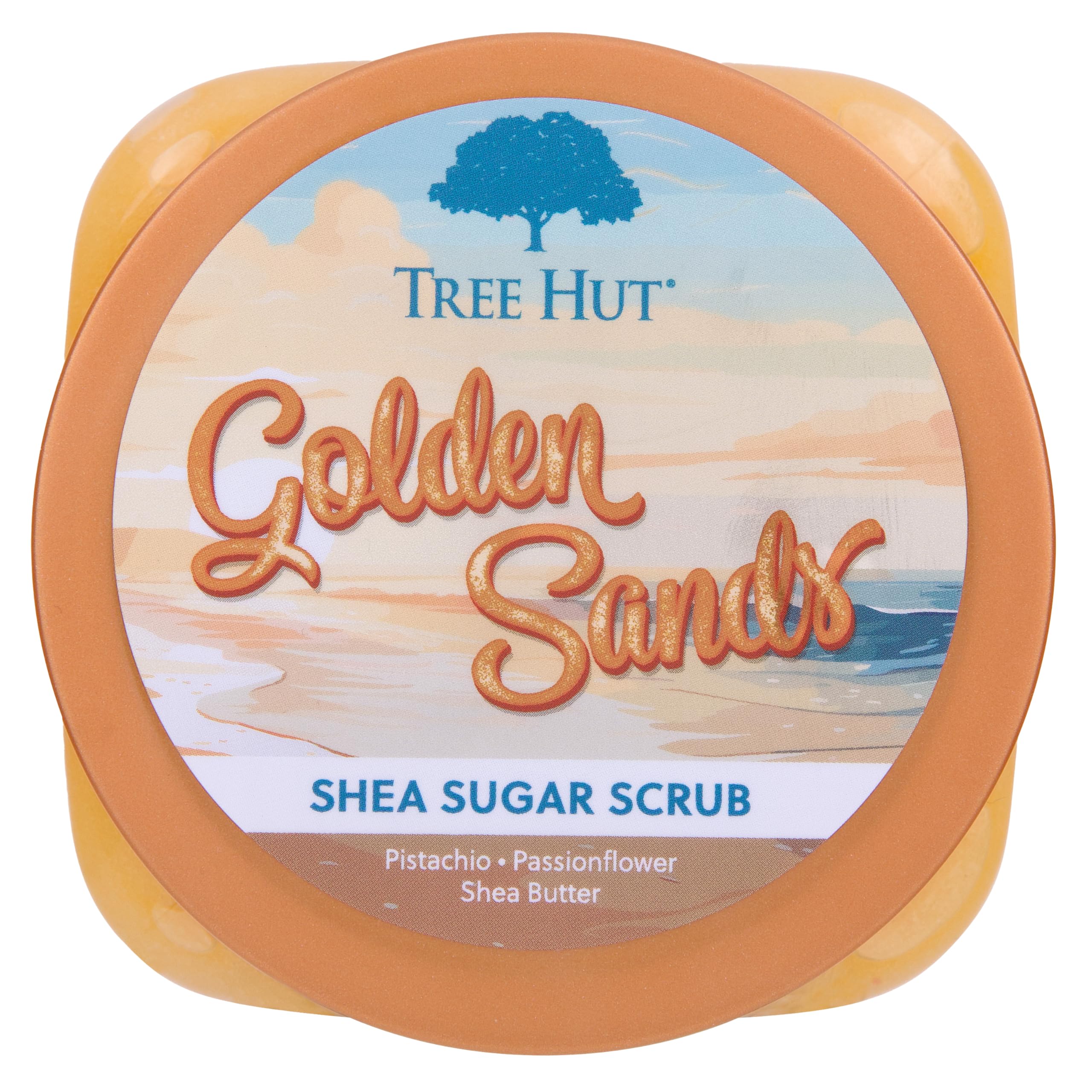 Tree Hut Golden Sands body scrub jar showing tropical exfoliating ingredients