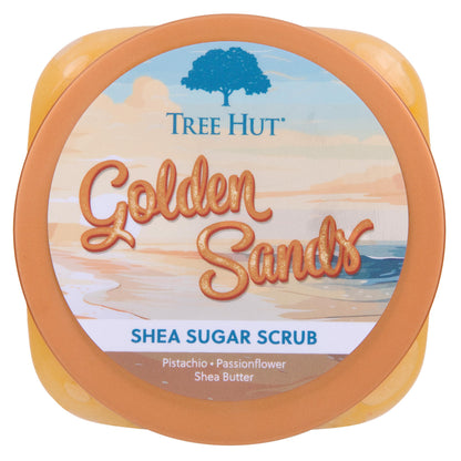 Tree Hut Golden Sands body scrub jar showing tropical exfoliating ingredients