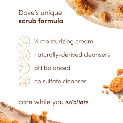 Close up view of the one hundred percent recycled plastic packaging of Dove imported body scrub.