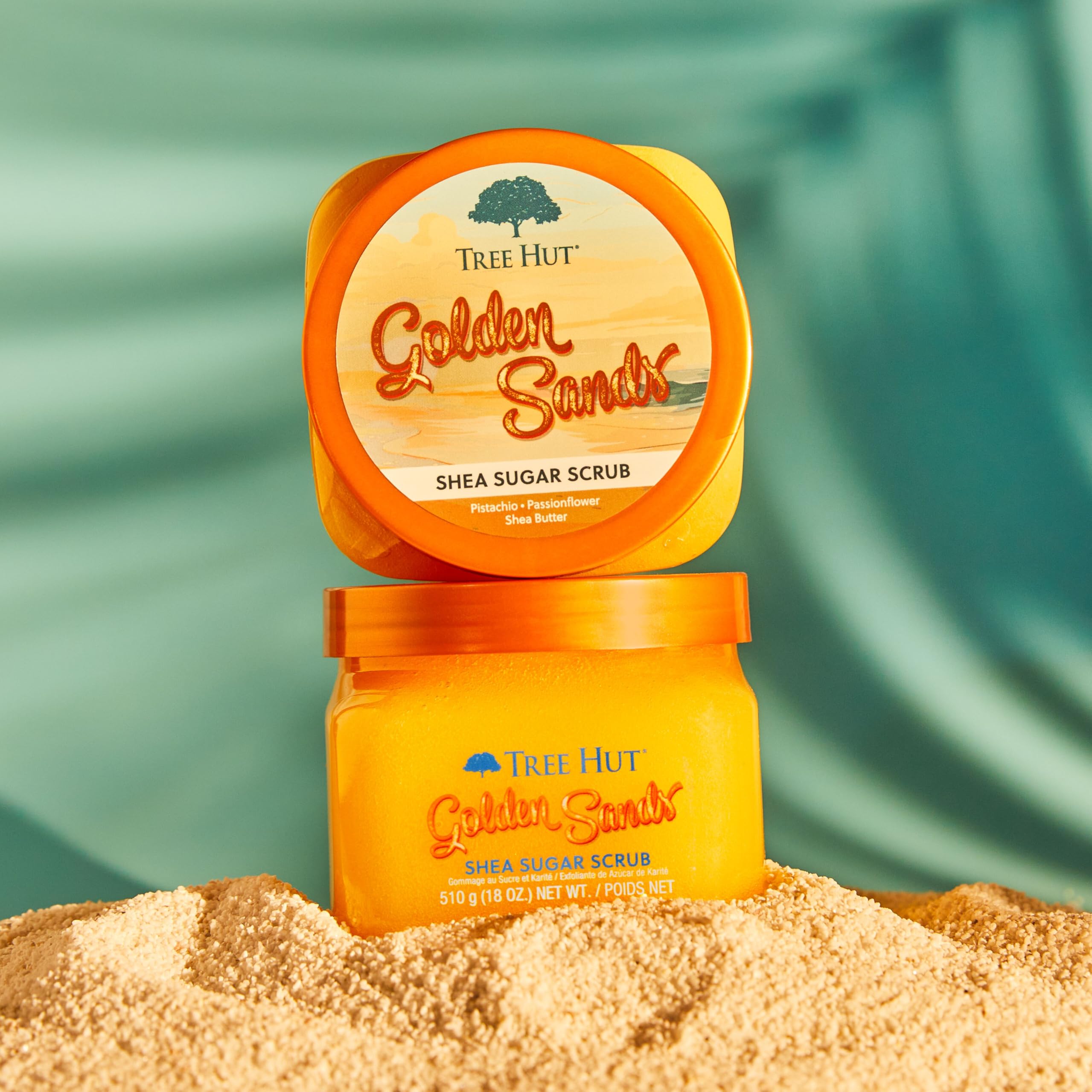 Tree Hut Golden Sands sugar scrub texture close up showing natural exfoliating grains