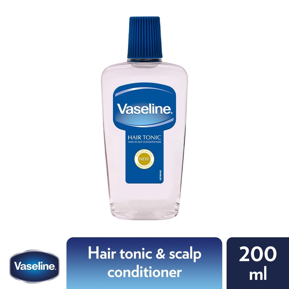 Back label of Vaseline hair tonic displaying usage instructions and natural mineral oil ingredients.