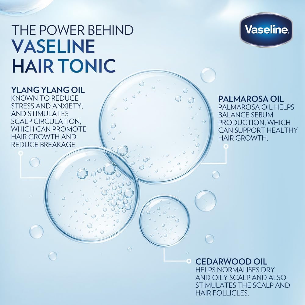 Five views of the 200ml Vaseline hair tonic packaging showcasing anti dandruff protection features.