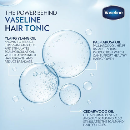 Five views of the 200ml Vaseline hair tonic packaging showcasing anti dandruff protection features.