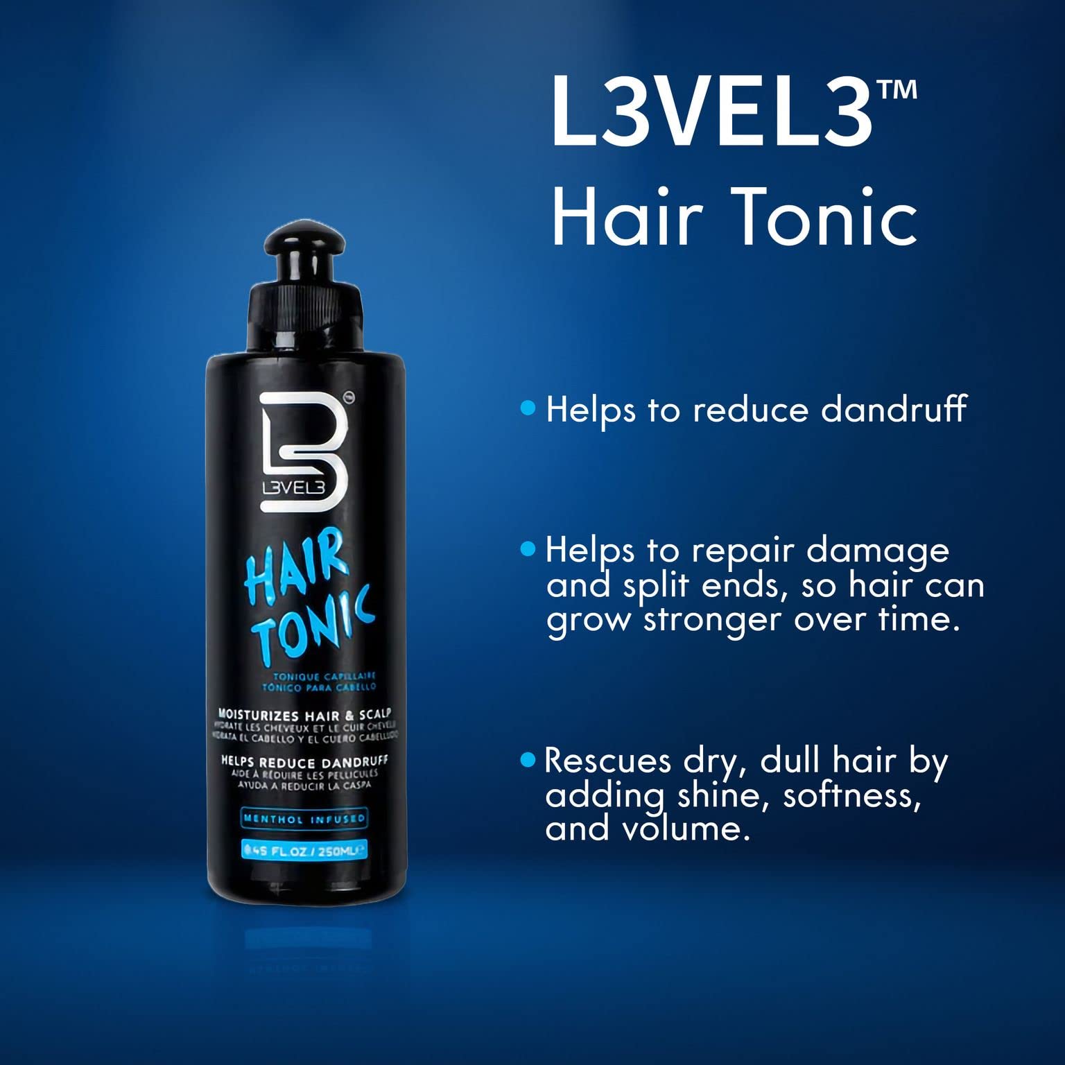 L3VEL3 moisturizing hair and scalp tonic packaging displaying the product benefits for men and women.