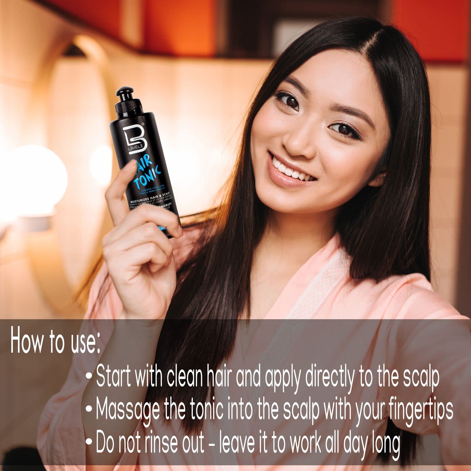 L3 Level 3 hair lotion tonic bottle showing the application nozzle for easy scalp dispensing.
