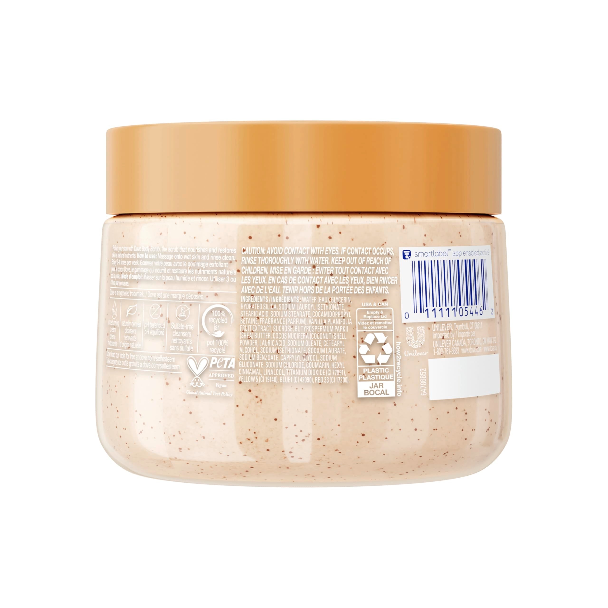 Dove exfoliating body polish jar showcasing authentic USA packaging.