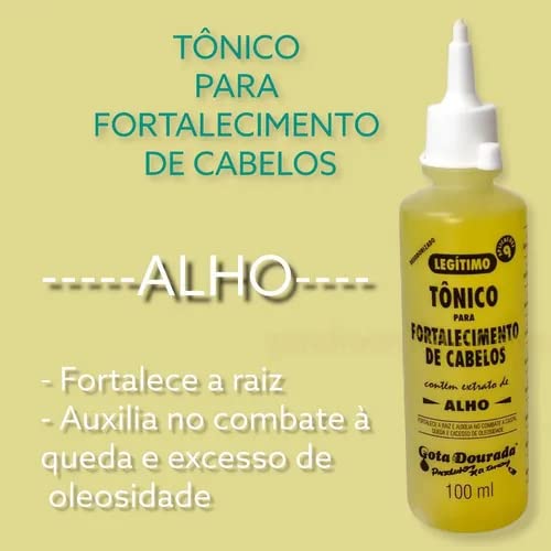 Side profile of Gota Dourada 100ml garlic hair tonic highlighting product texture and authentic labeling