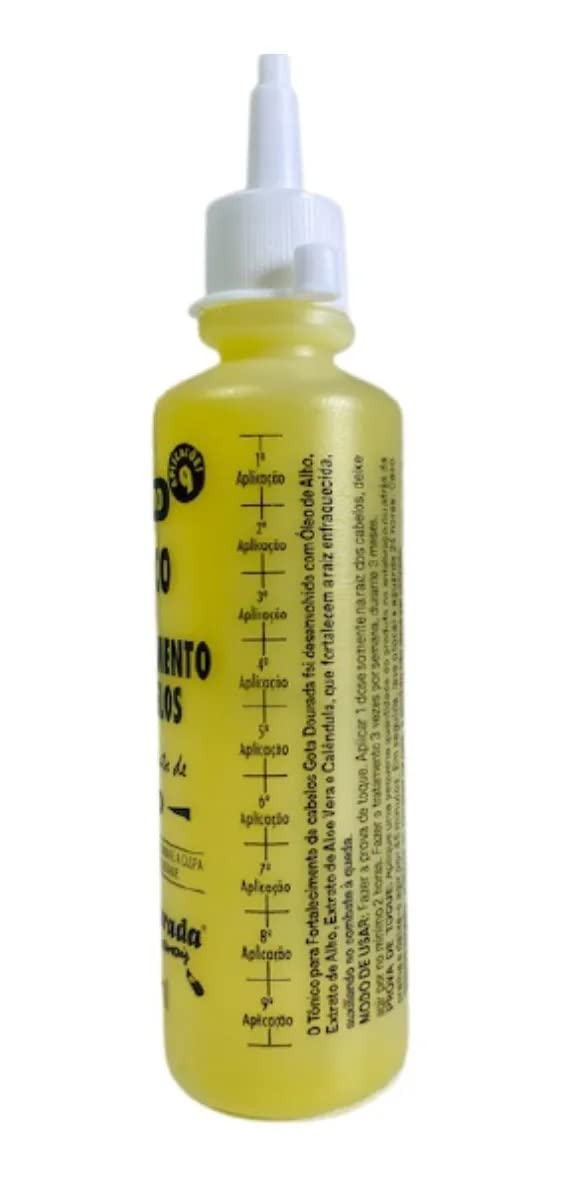 Top view of Gota Dourada 100ml hair tonic bottle illustrating the compact travel friendly design