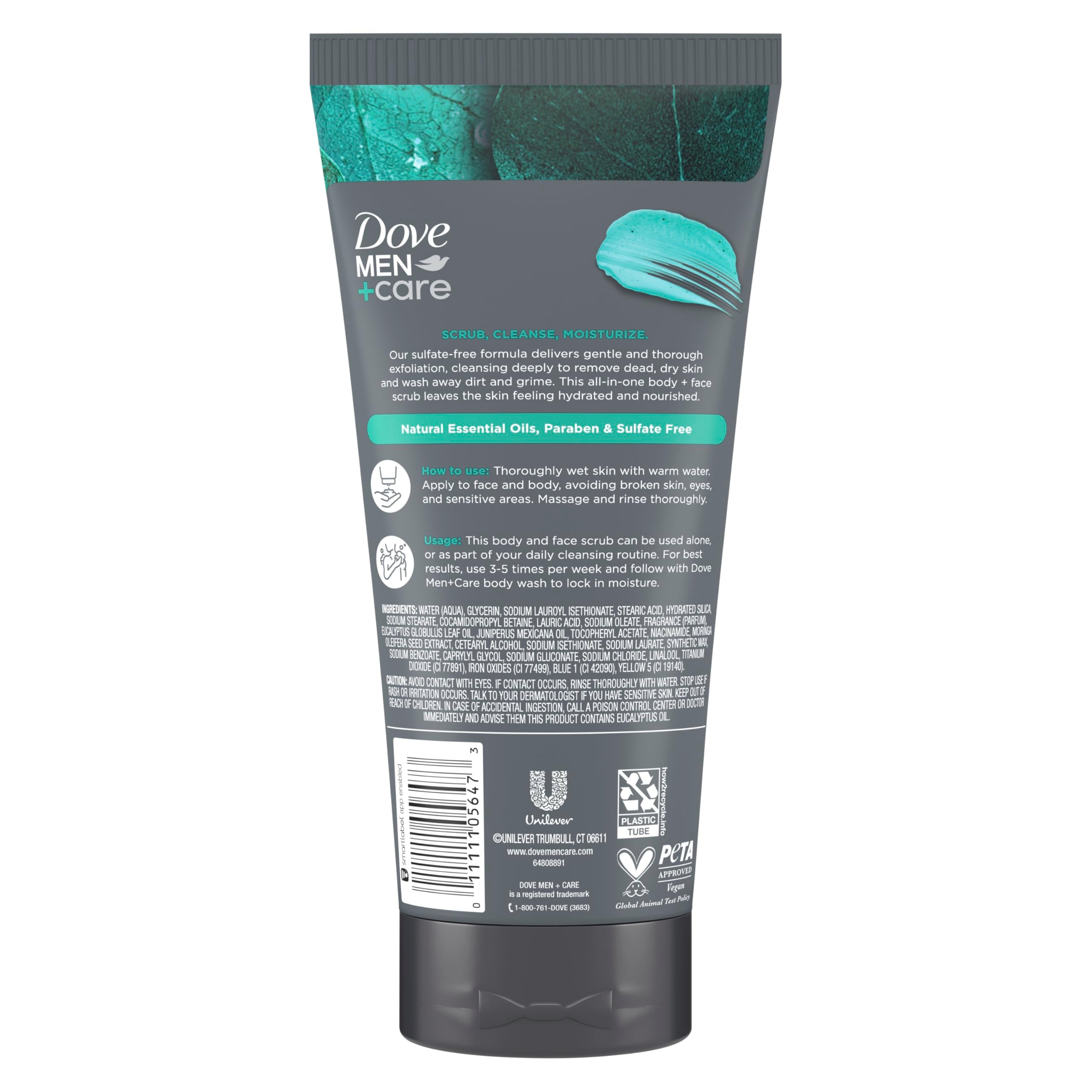 Exfoliating men's body scrub with eucalyptus and cedar oil packaging close up