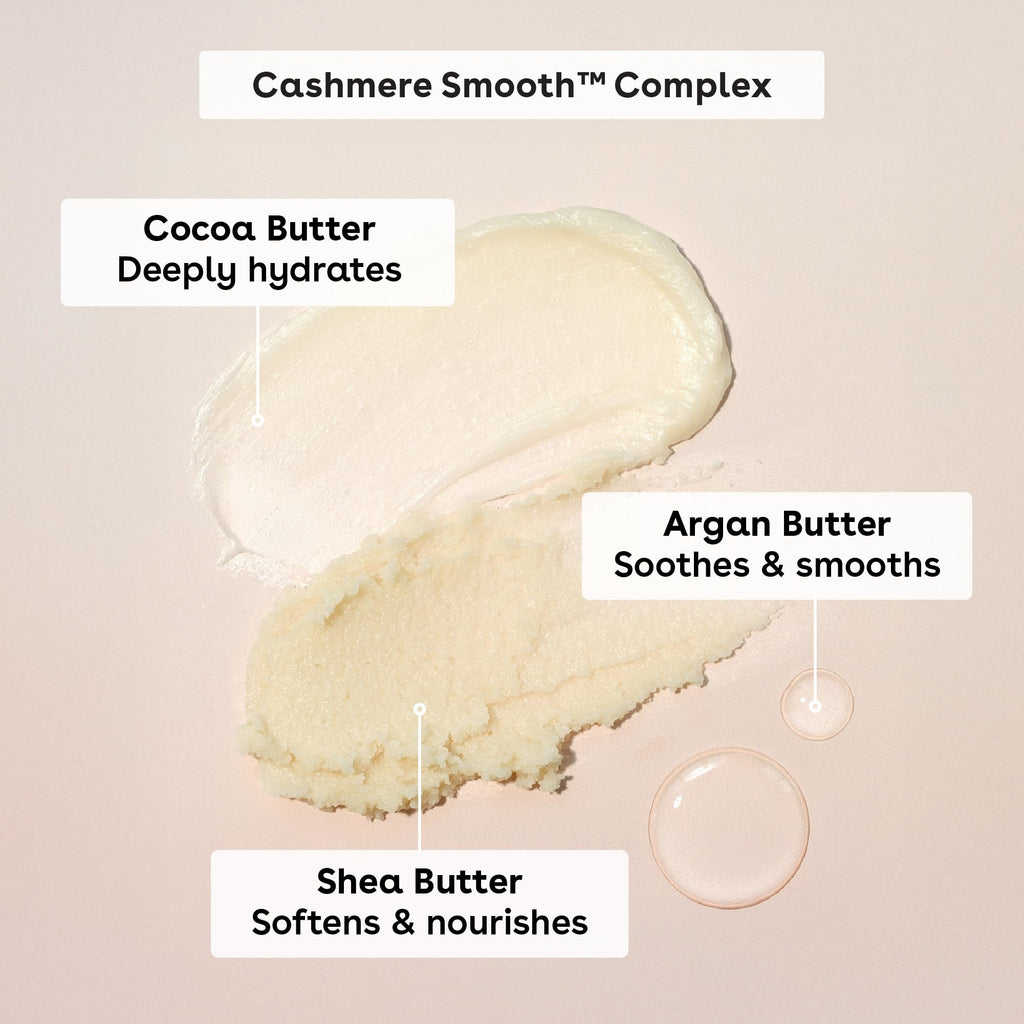 Eos Vanilla Cashmere body scrub opened jar showing sugar crystals
