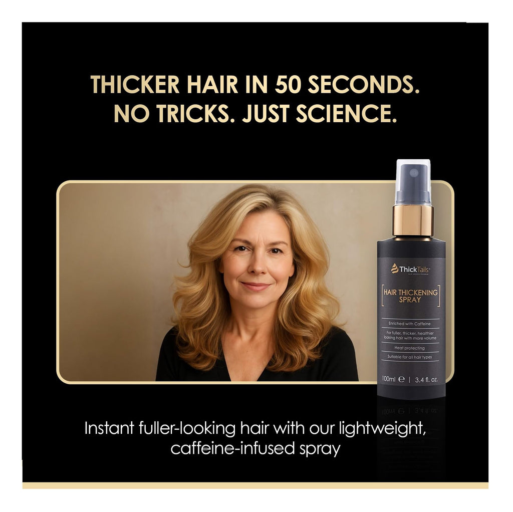 ThickTails pre-styler volumizing mist bottle showcasing clean ingredient callouts for fine hair care