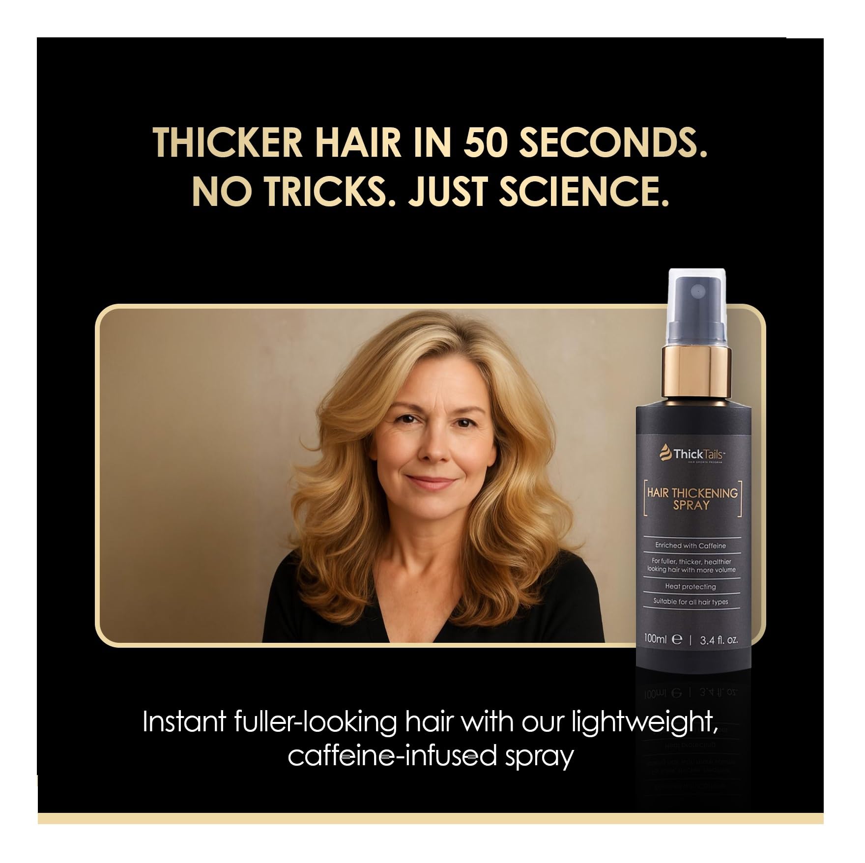 ThickTails pre-styler volumizing mist bottle showcasing clean ingredient callouts for fine hair care