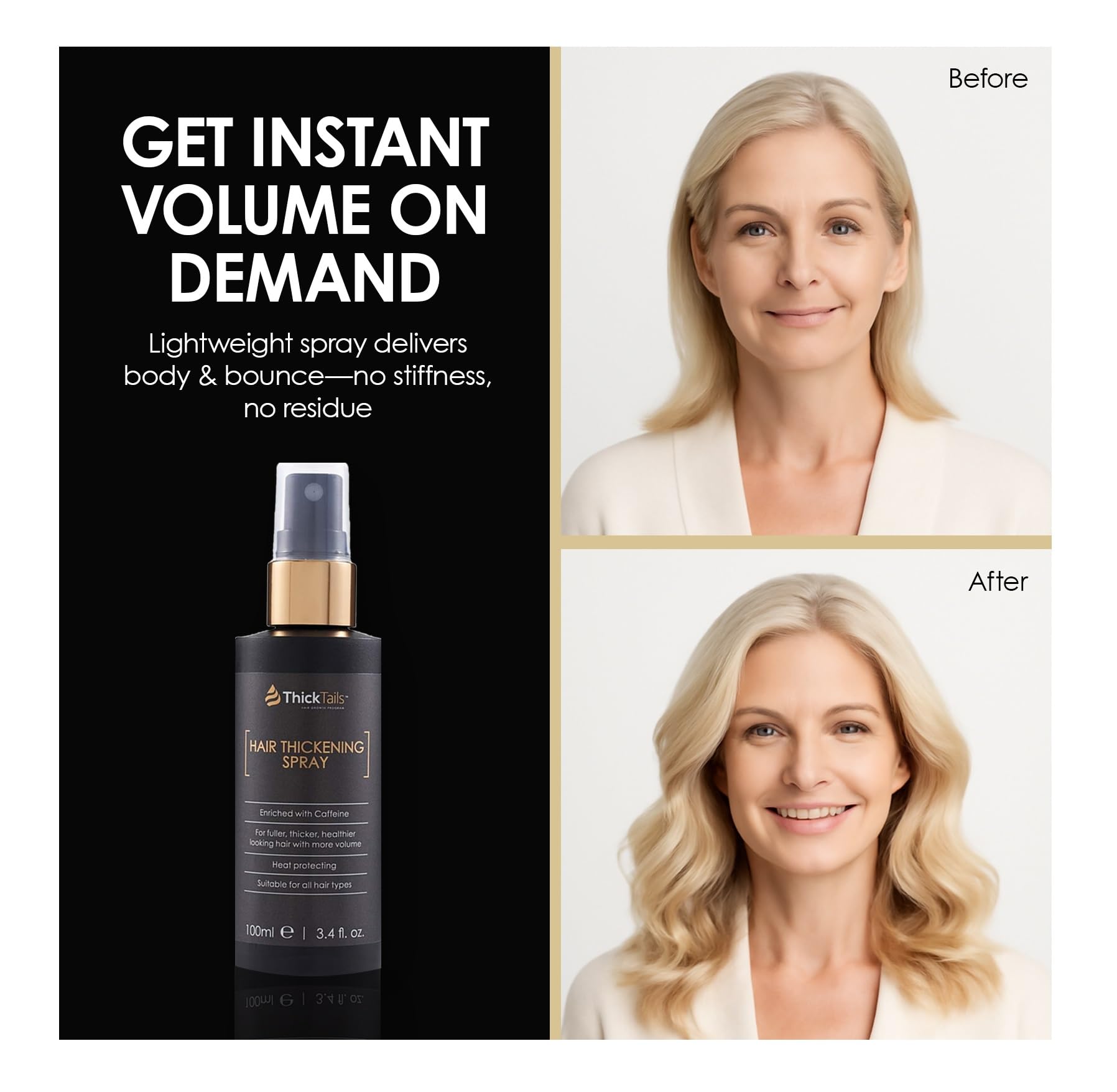 ThickTails lightweight thickening spray being applied to thin hair for immediate body and texture