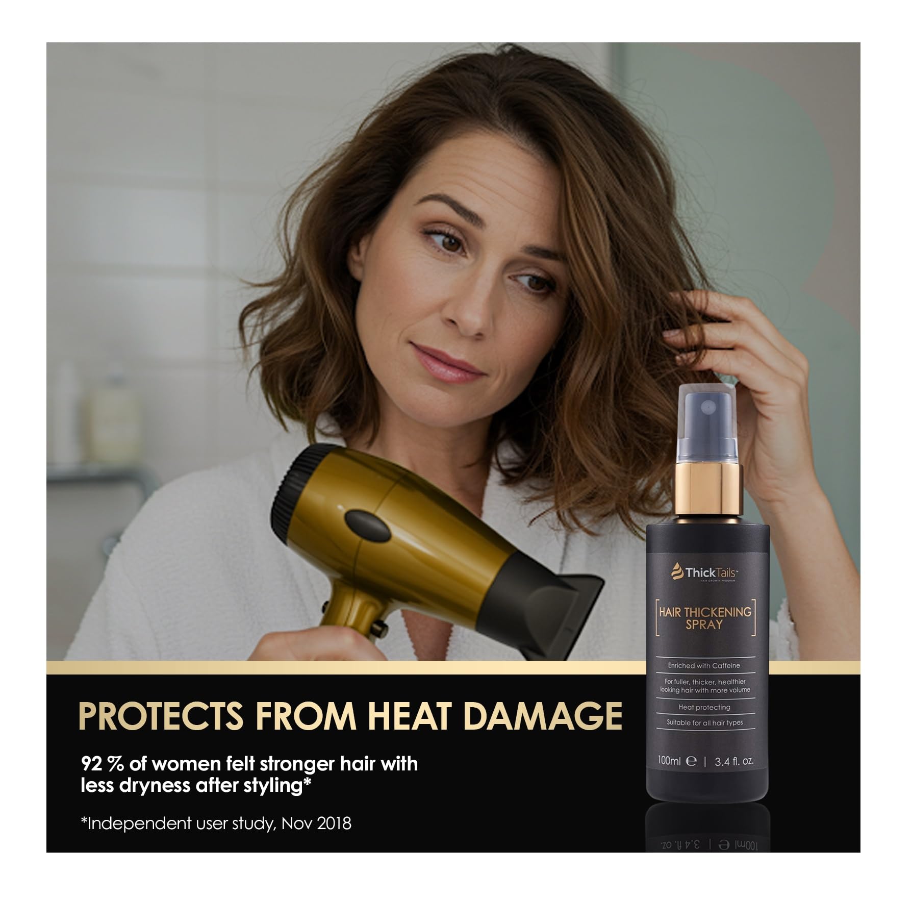 Back label of ThickTails Hair Thickening Spray showing caffeine and protein ingredients