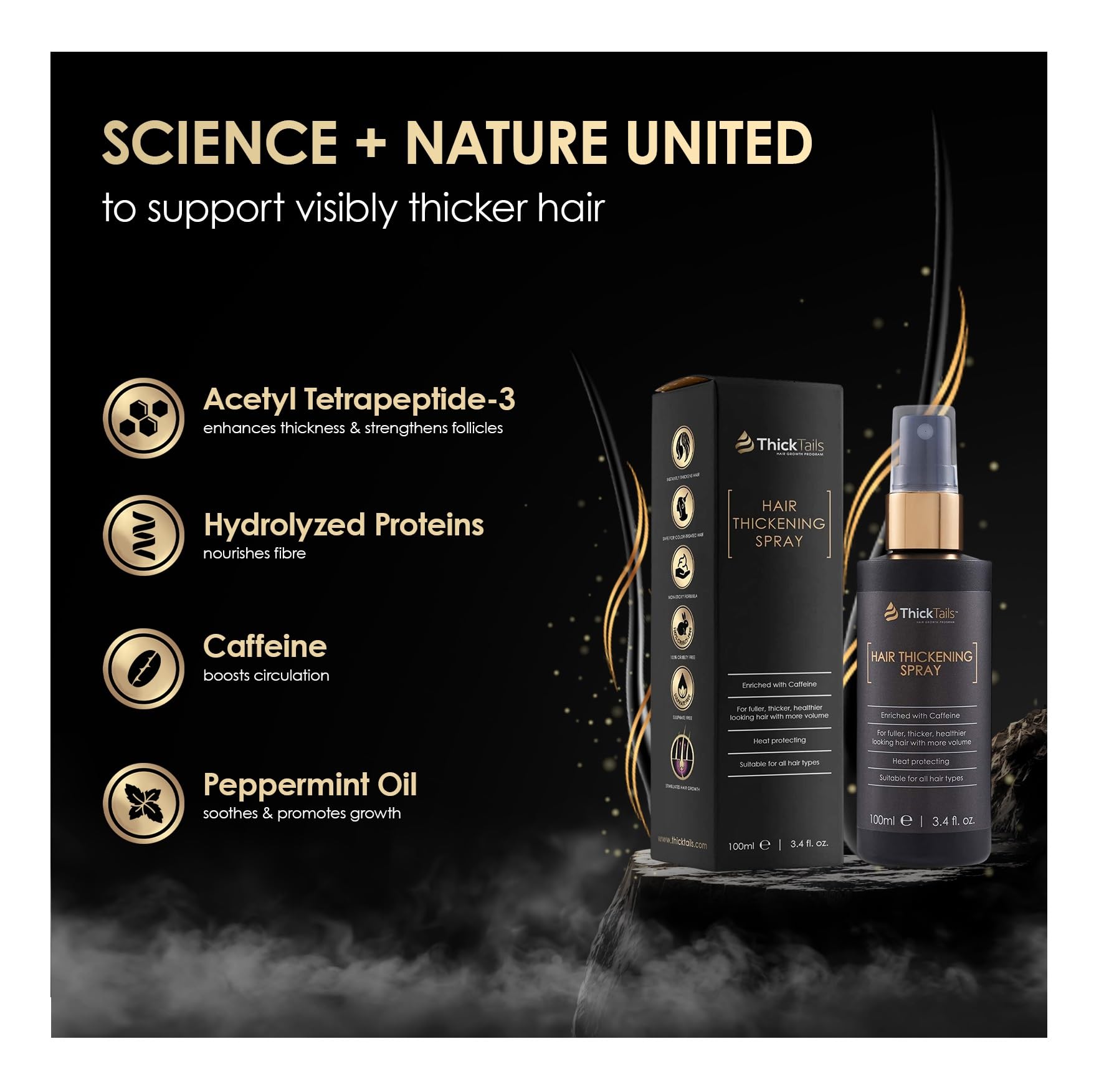 ThickTails authentic imported hair spray bottle highlighting its sulfate-free and cruelty-free formula