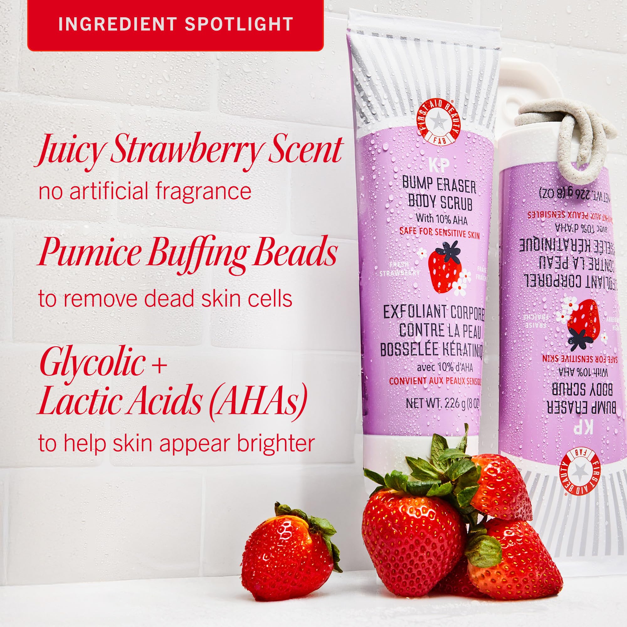 First Aid Beauty strawberry bump eraser packaging layout highlighting clean beauty features