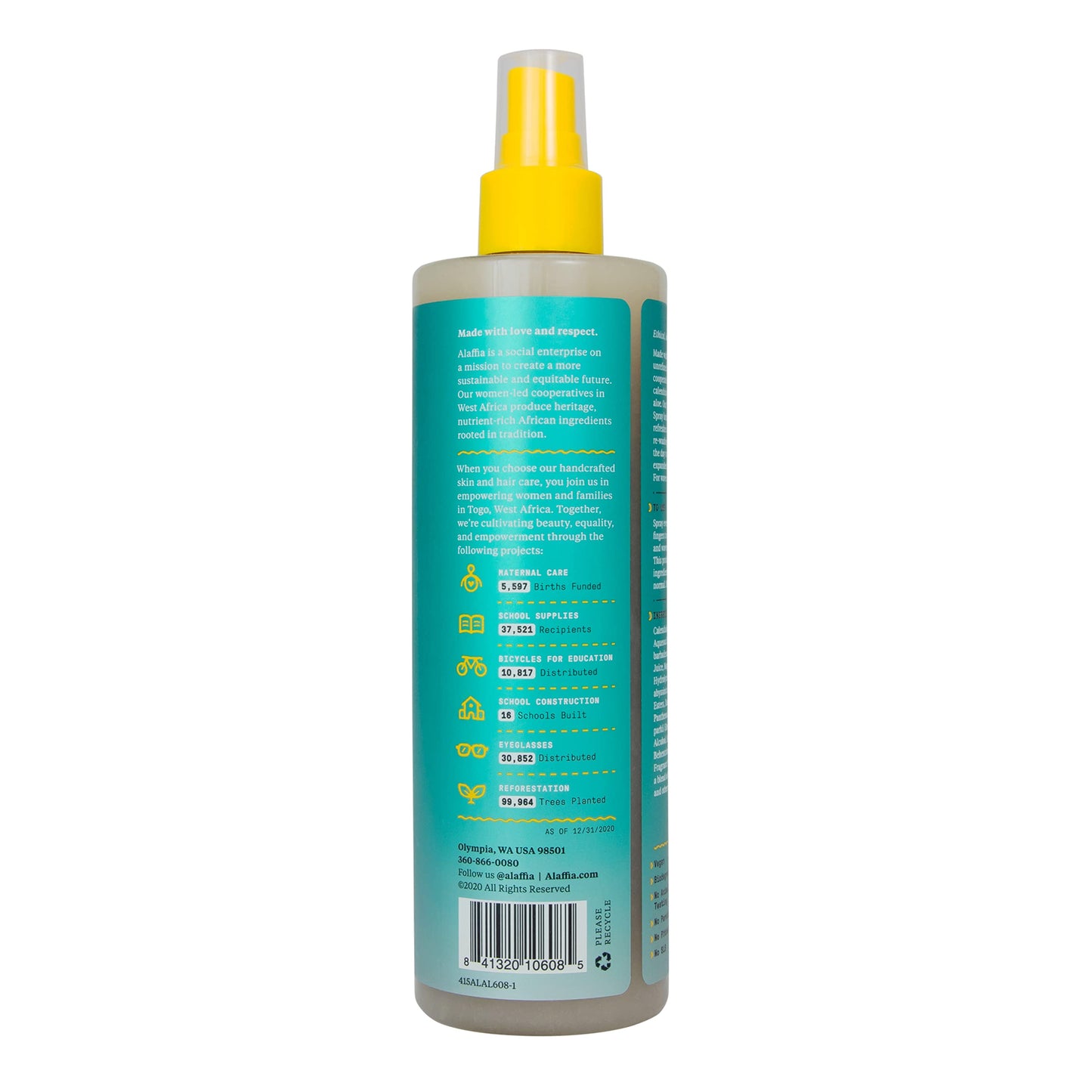 Back label view of Alaffia Curl Reviving Tonic displaying directions for use and complete plant based ingredient list.
