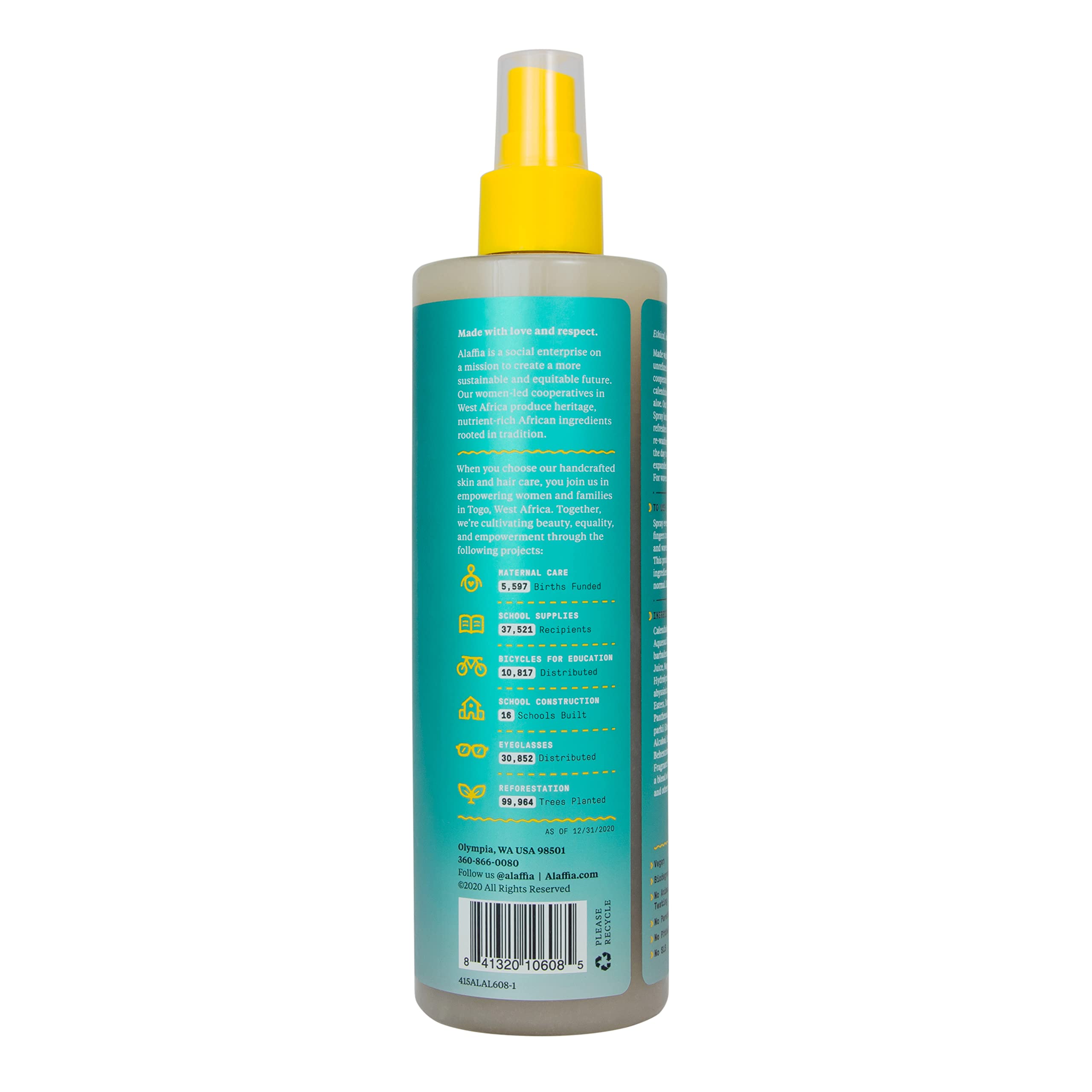 Back label view of Alaffia Curl Reviving Tonic displaying directions for use and complete plant based ingredient list.