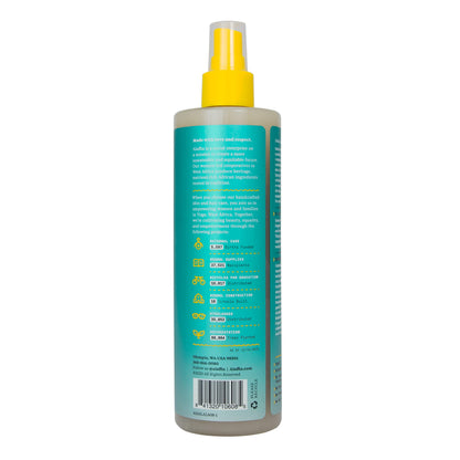 Back label view of Alaffia Curl Reviving Tonic displaying directions for use and complete plant based ingredient list.