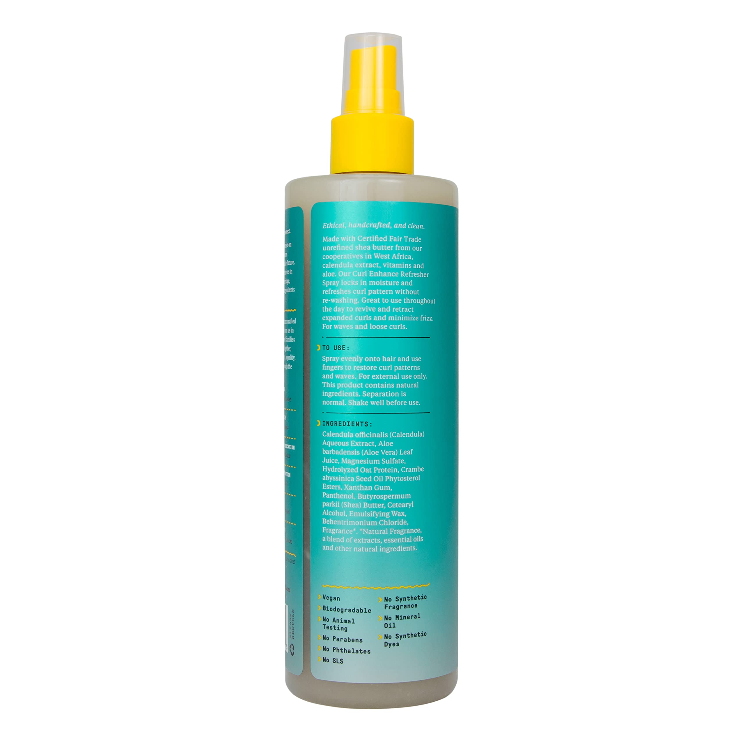 Alaffia wavy to curly hair refresher spray bottle standing upright on a clean retail display surface.