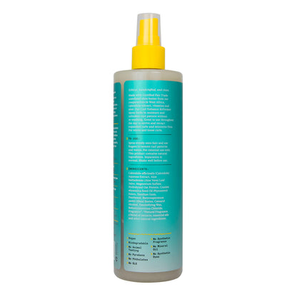 Alaffia wavy to curly hair refresher spray bottle standing upright on a clean retail display surface.