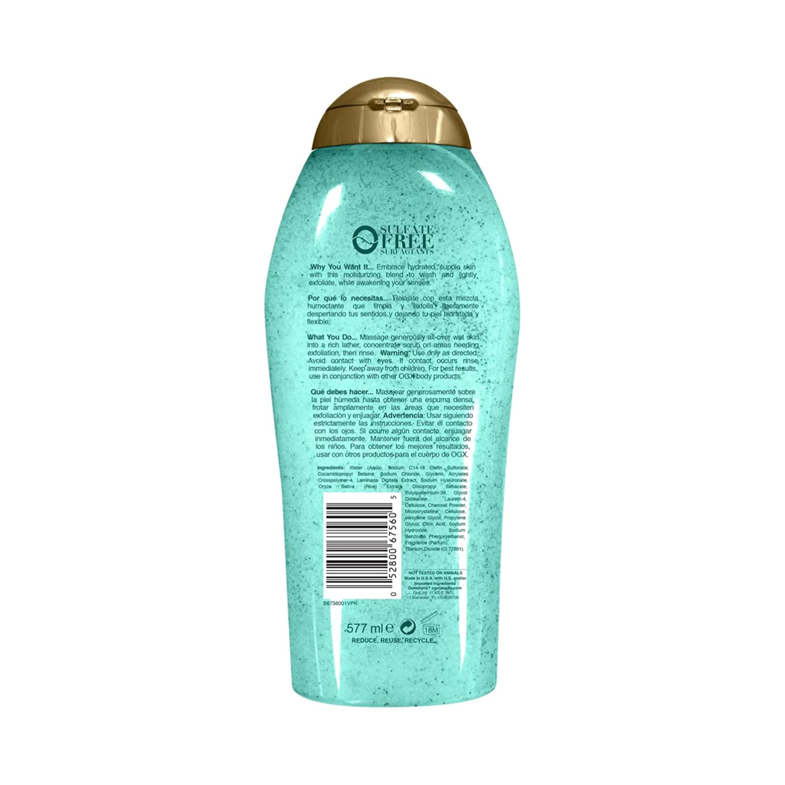 OGX hydrating body scrub and wash lathering effect for smooth and glowing skin.