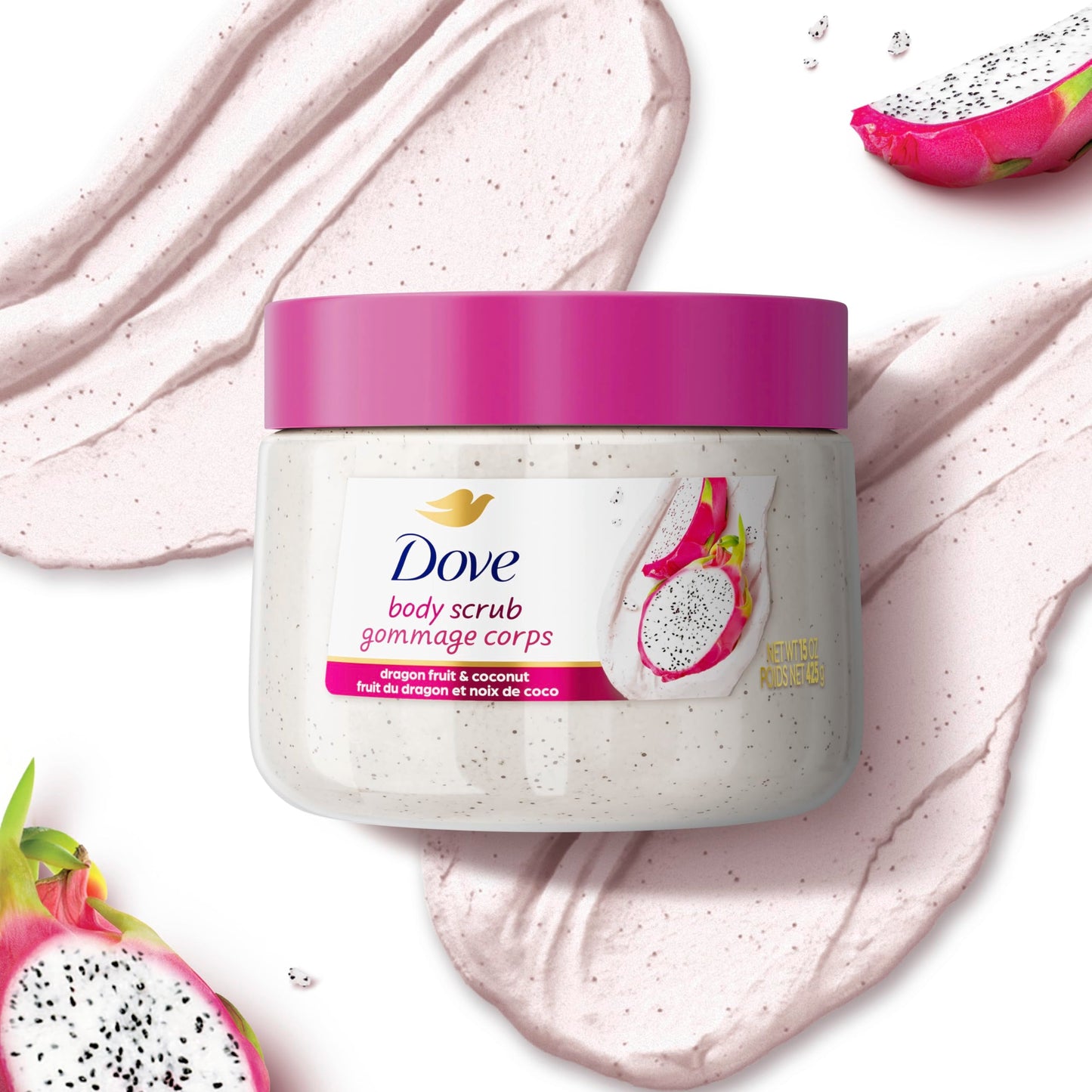Authentic Dove dragon fruit cream body scrub texture and packaging back view