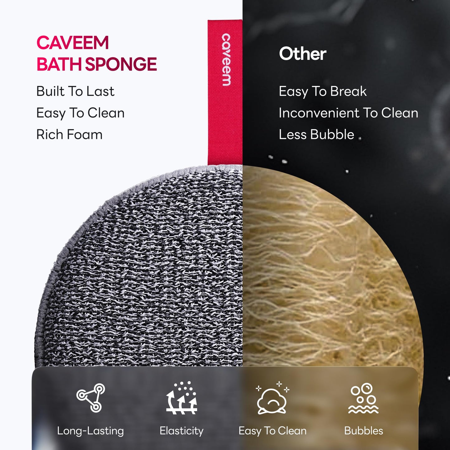Caveem round exfoliating sponge being held to show the ergonomic hand strap placement.