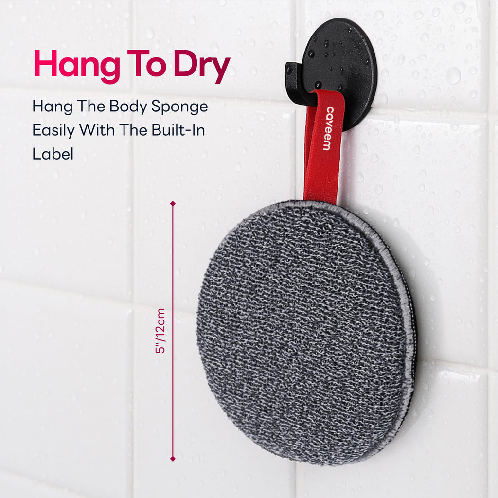 Caveem round bath sponge hanging by integrated loop