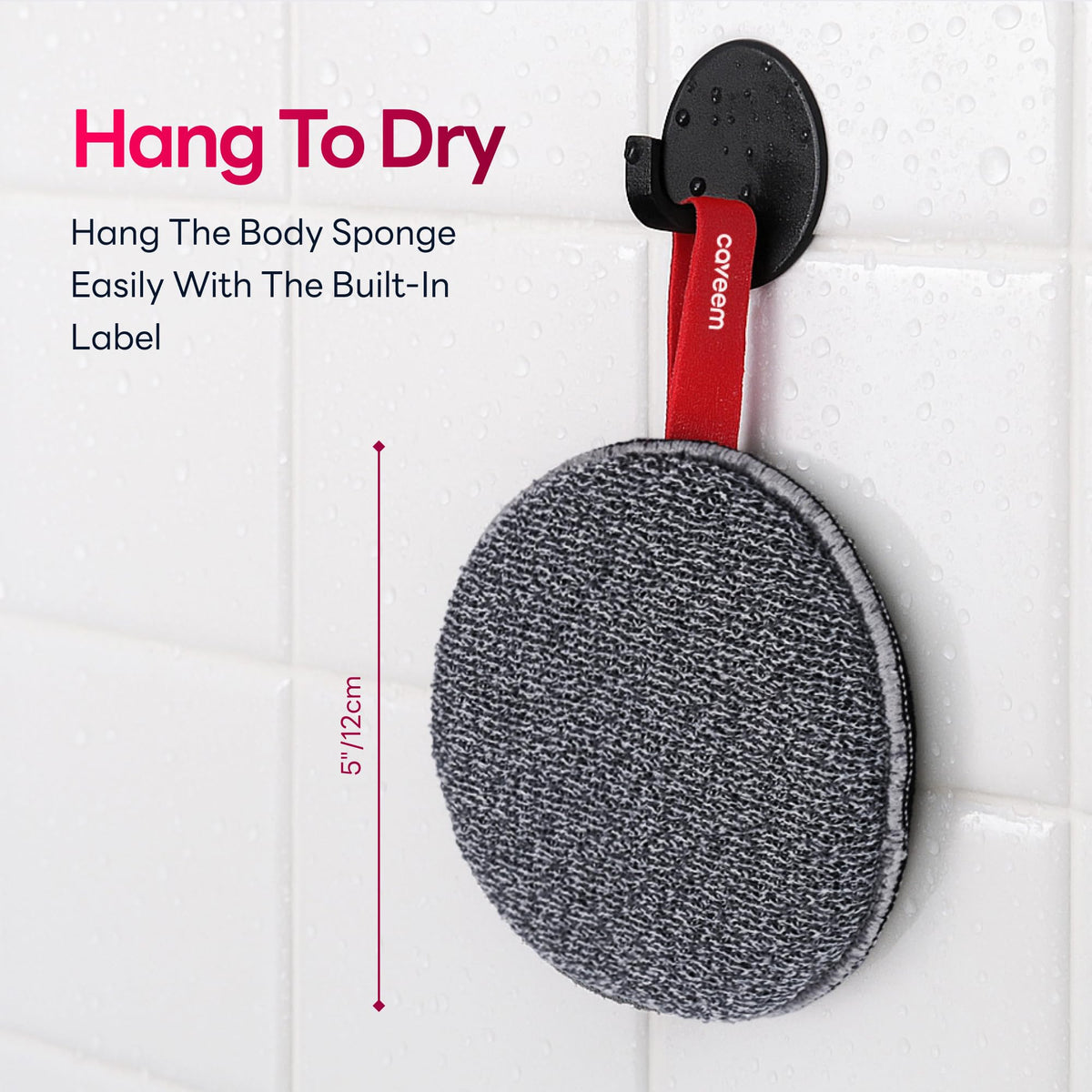 Caveem round bath sponge hanging by integrated loop