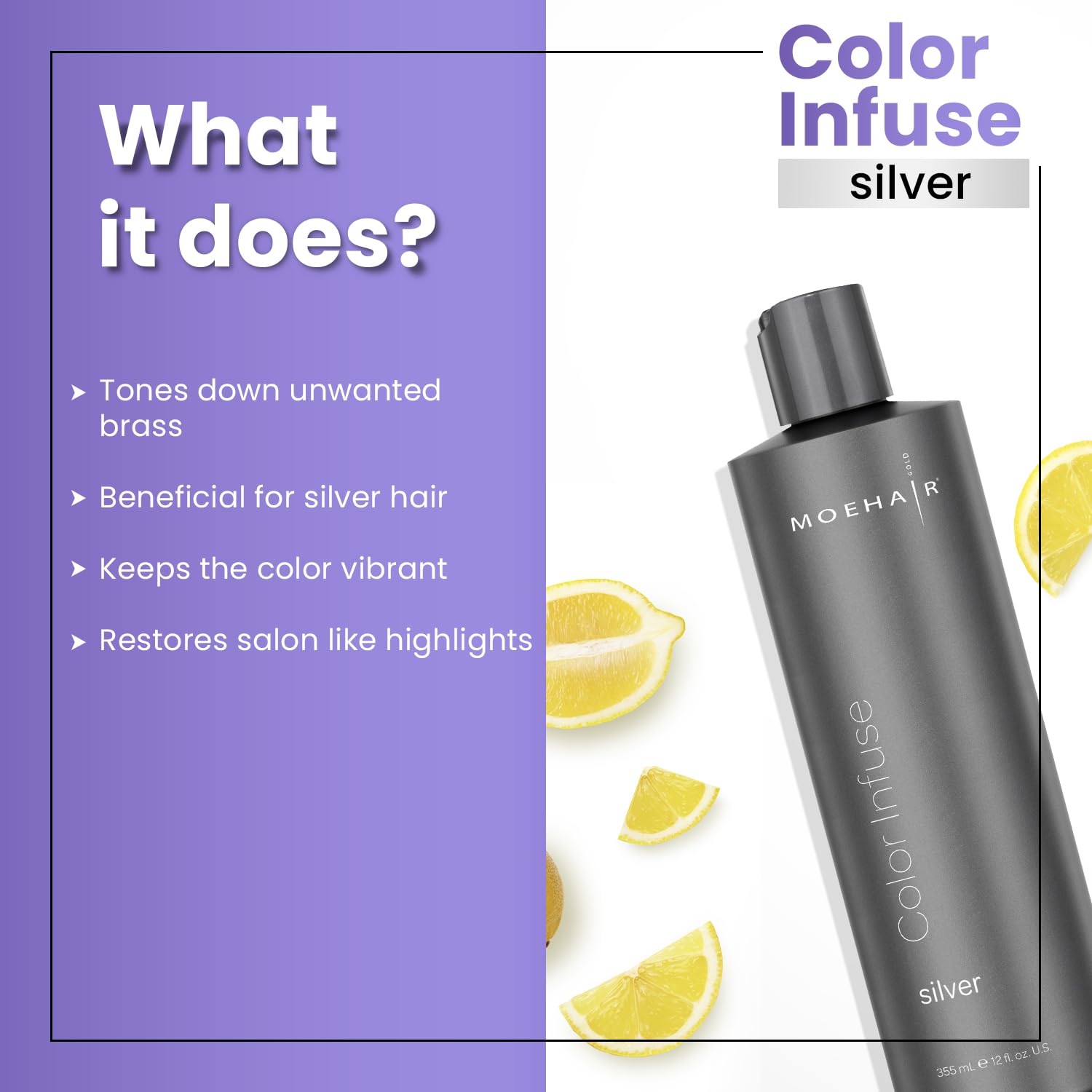 Moehair purple toner 12 fluid ounce bottle back packaging showing ingredients