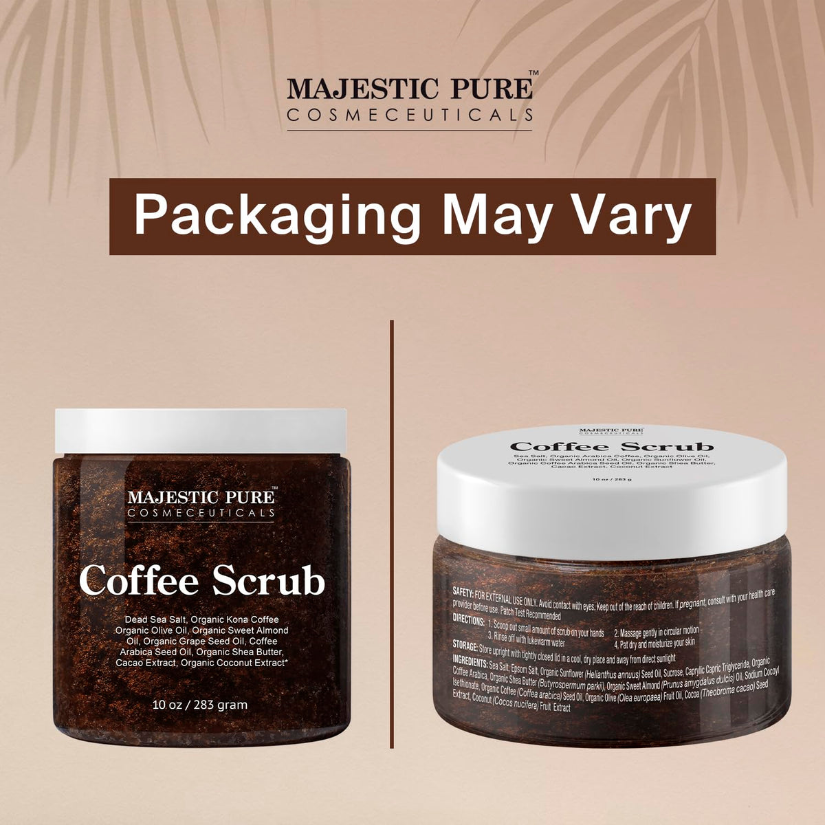 Back label of Majestic Pure Arabica Coffee Scrub showing ingredients and usage