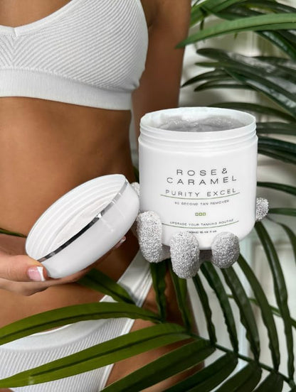 Rose and Caramel rapid exfoliation body scrub showing authentic imported seals