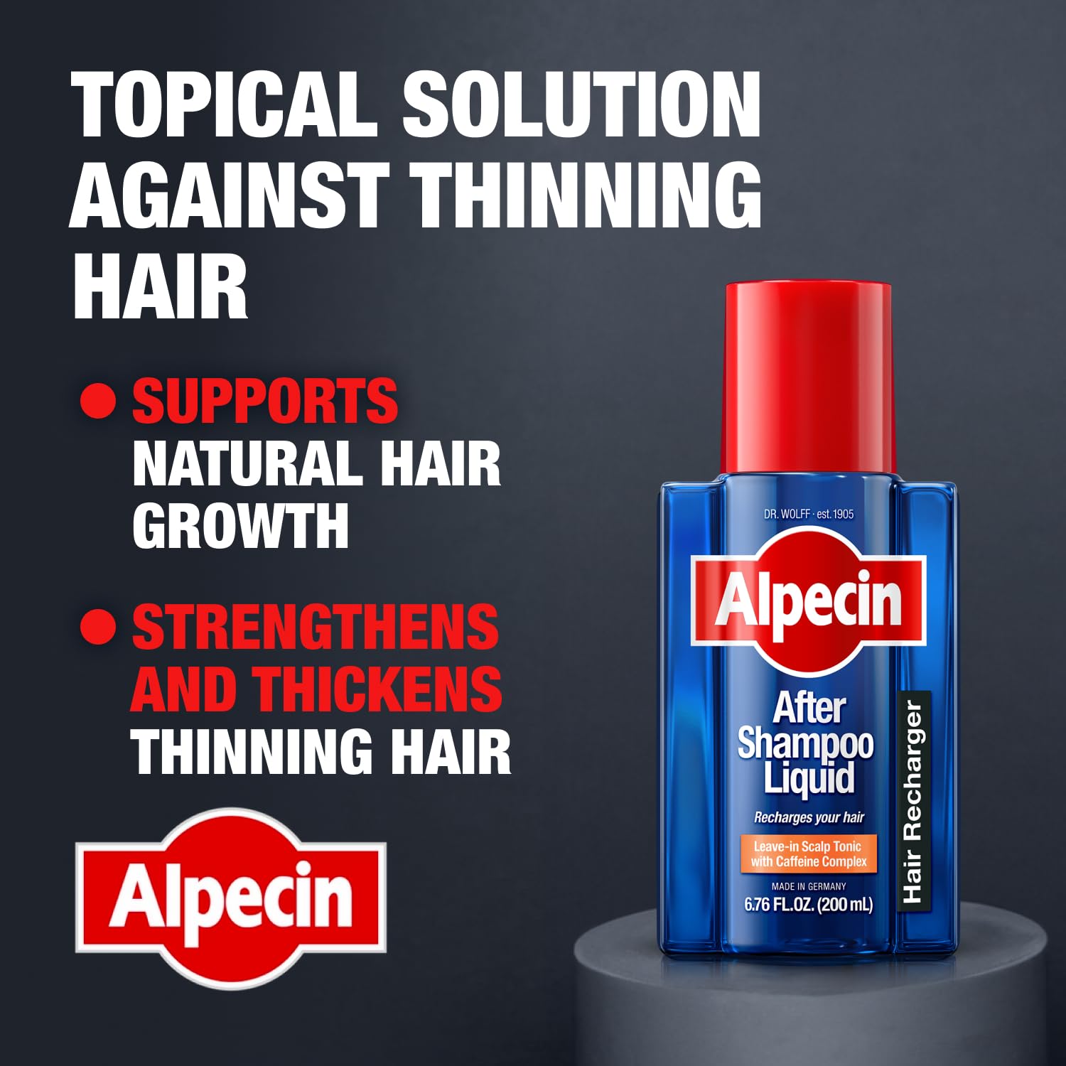 Alpecin hair growth tonic bottles displayed side by side emphasizing the six point seven six fluid ounce size.