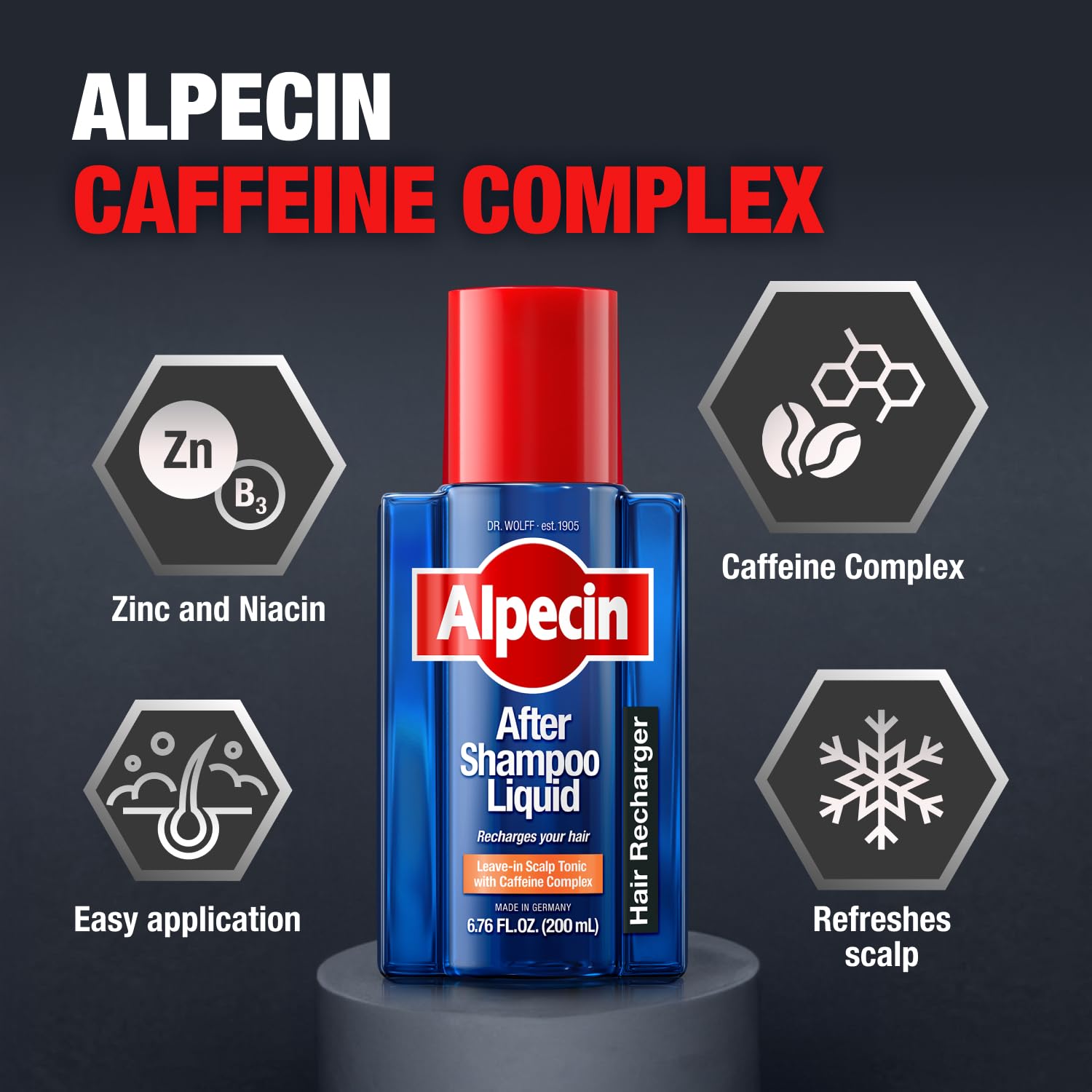 Close up of the Alpecin liquid scalp recharger dosage tip designed for easy direct topical application.