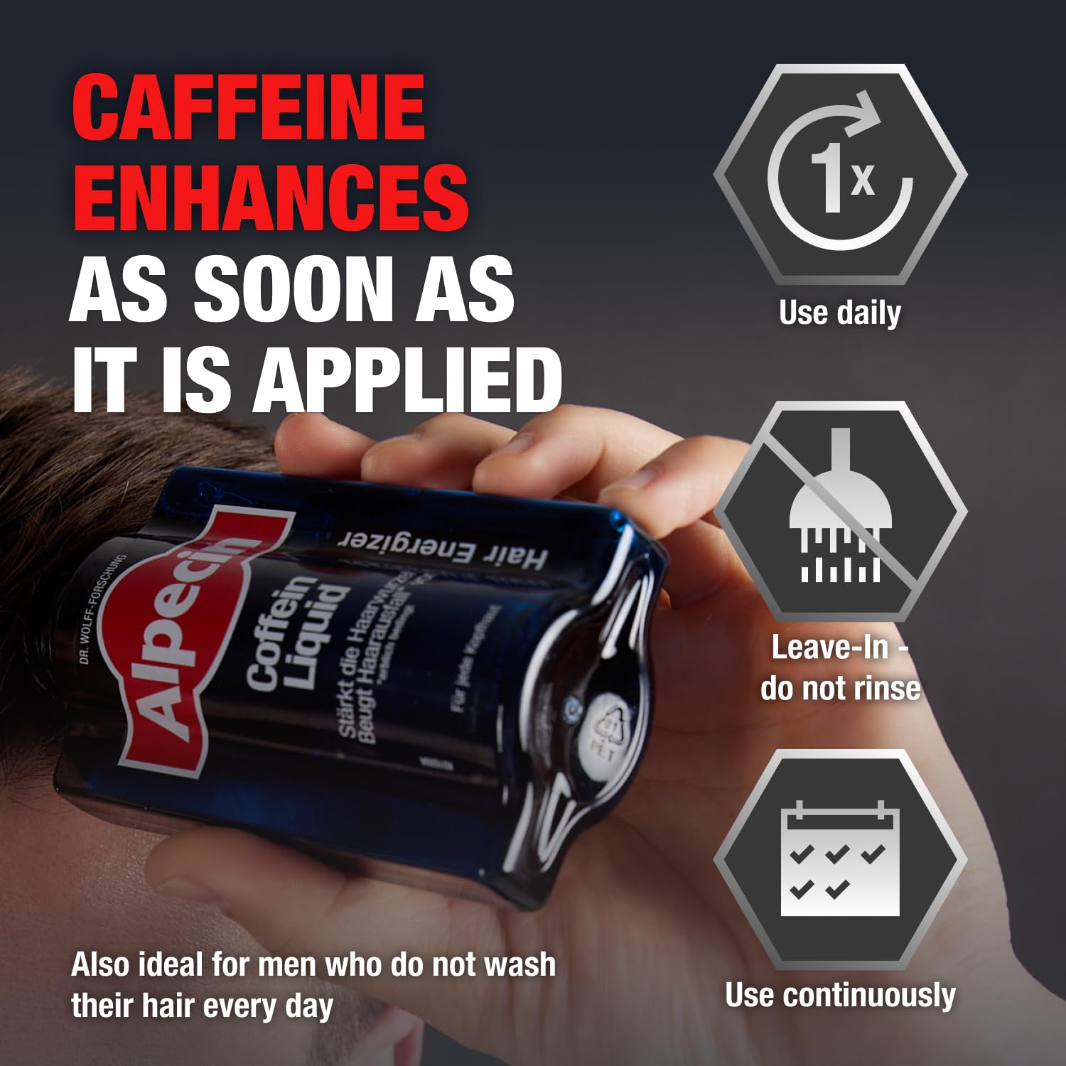Back label of Alpecin caffeine liquid bottle detailing the sulfate free ingredients like zinc and niacin.