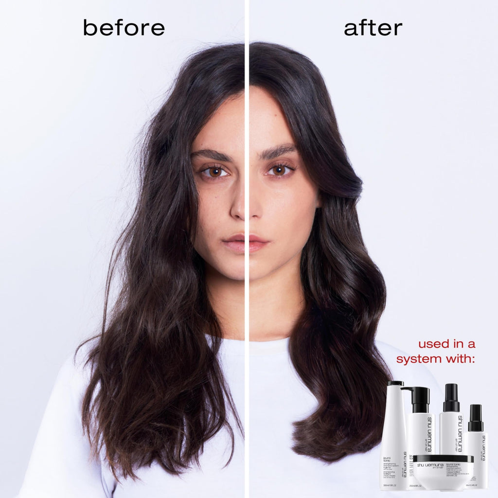 Shu Uemura Izumi Tonic leave in spray nozzle and 150ml premium packaging close up.