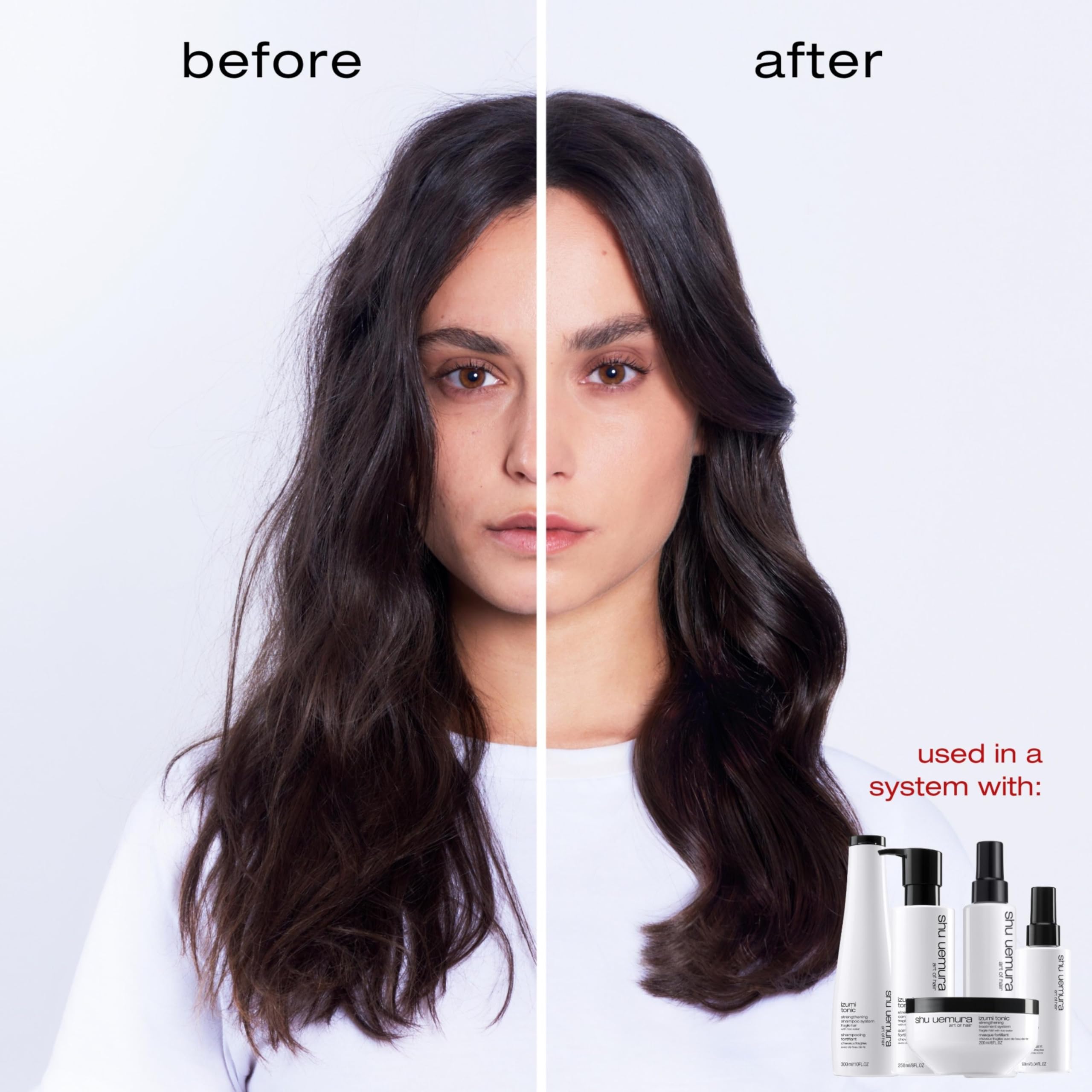Shu Uemura Izumi Tonic leave in spray nozzle and 150ml premium packaging close up.