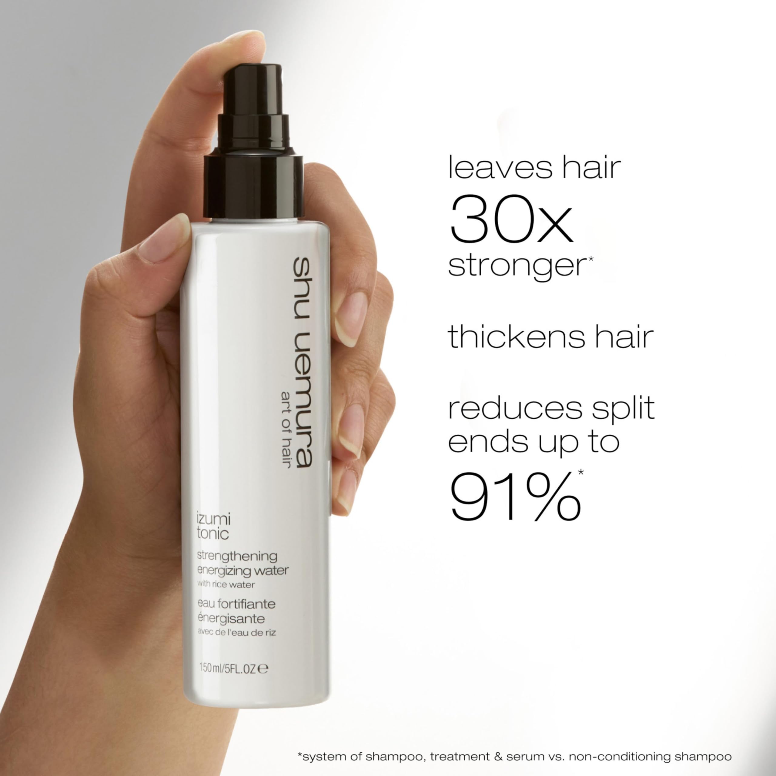 Shu Uemura Art of Hair thickening rice water treatment formula texture being sprayed.