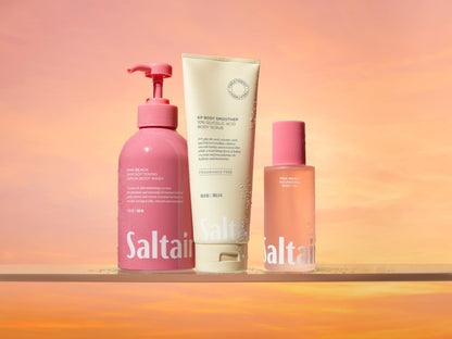 Close up of Saltair dual action body wash scrub demonstrating micro exfoliant particles