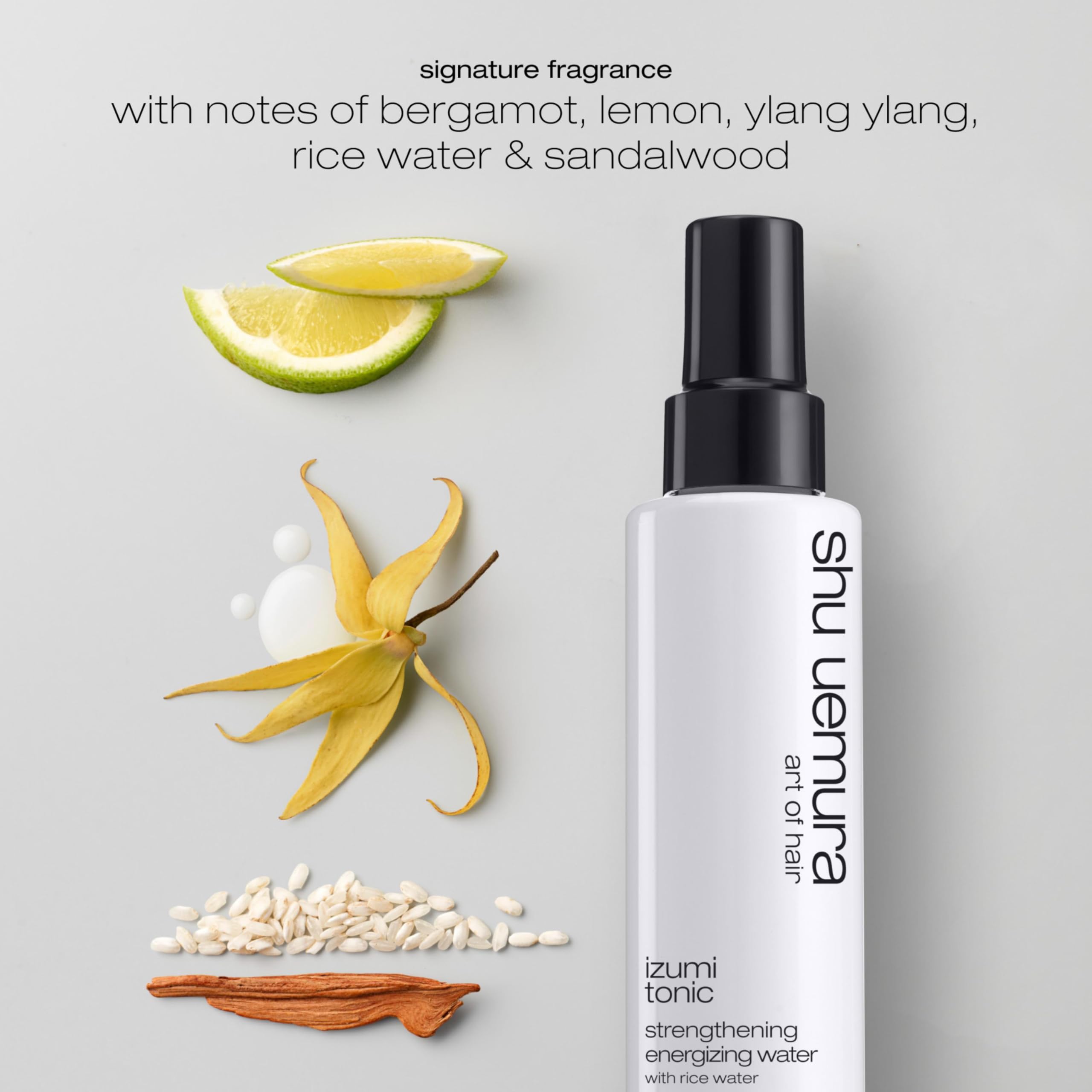 Shu Uemura Izumi Tonic strengthening hair treatment bottle displaying instructions and details.